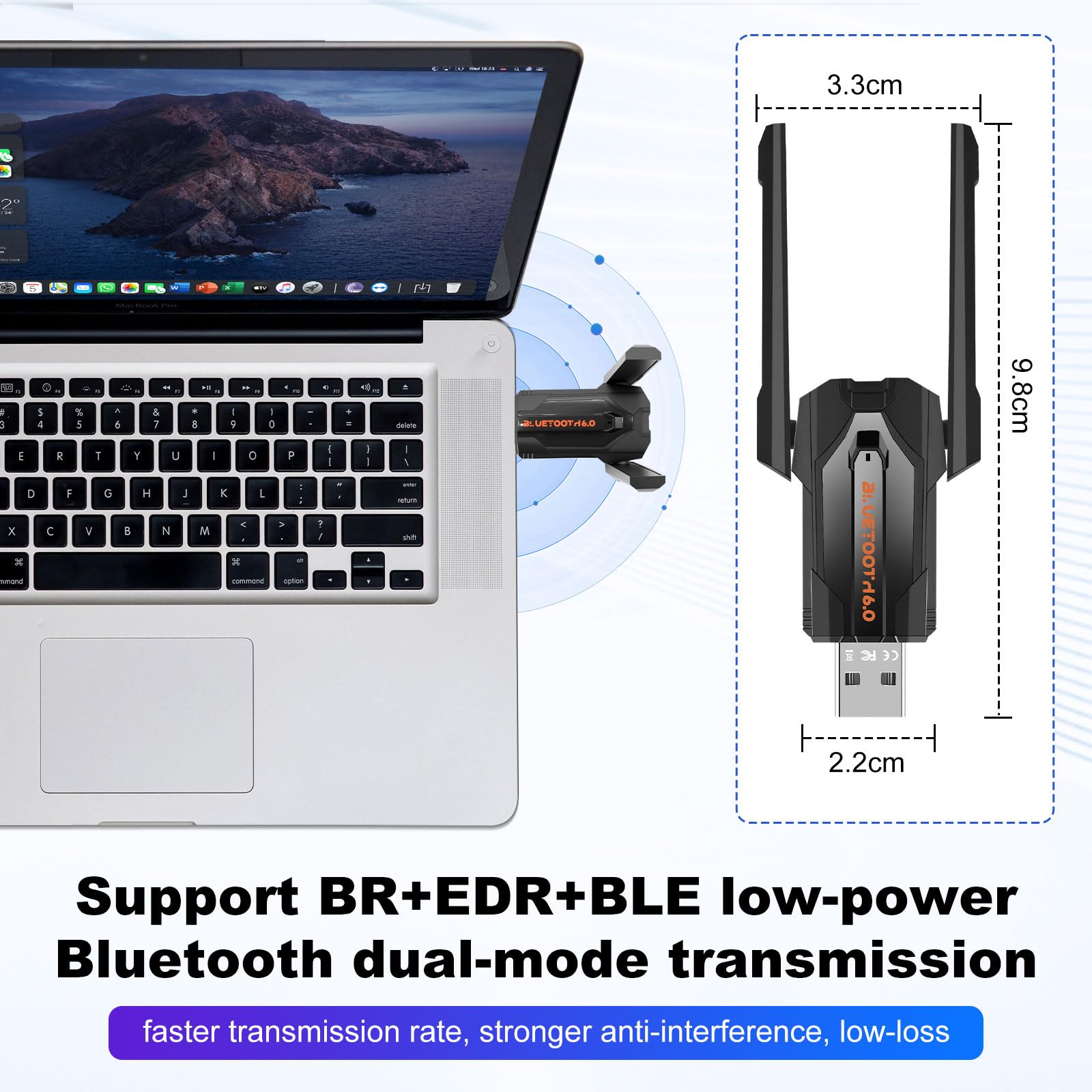 Adaptador Bluetooth 6.0 USB Dongle para PC, USB Bluetooth Stick para ratón, soporta hasta 5 dispositivos al mismo tiempo, gran alcance, baja latencia, compatible con Windows 11/10/8.1, antena doble