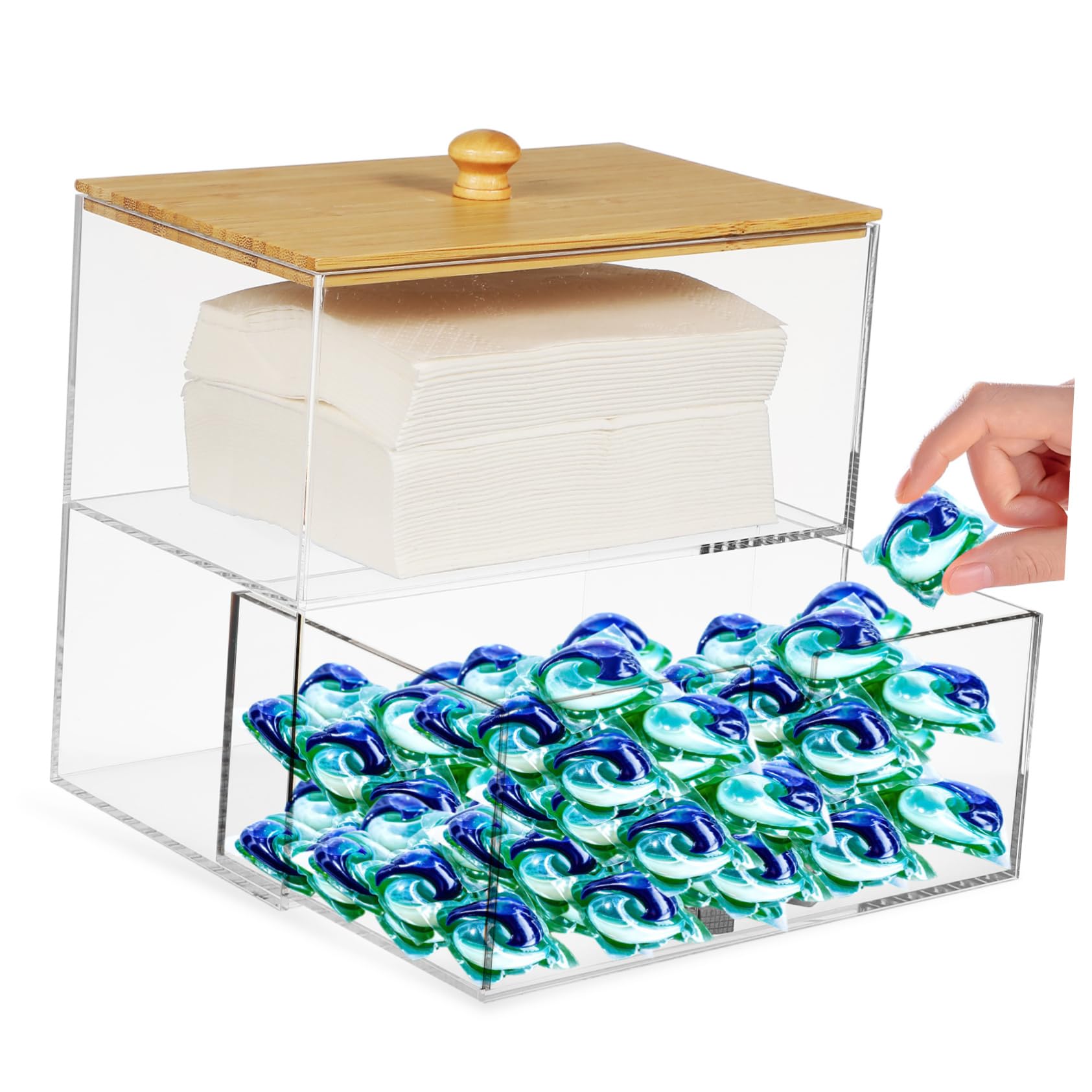 Aufbewahrungsbox mit Doppelter Aufteilung 175x115x165mm für Waschmittelkapseln aus Acryl mit Bambusdeckel 1 Schublade und Deckel Platzsparend für Waschküche