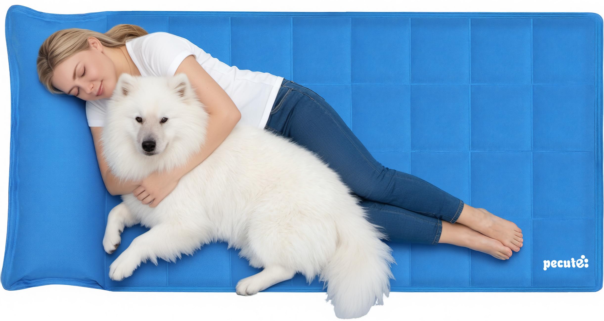 pecute Dog Cooling Mat with Pillow XXXL 190×90cm, Cooling Mat for Dogs to Relieve Cervical Pressure, Durable Non-Toxic Gel Pet Ice Pad, Blue