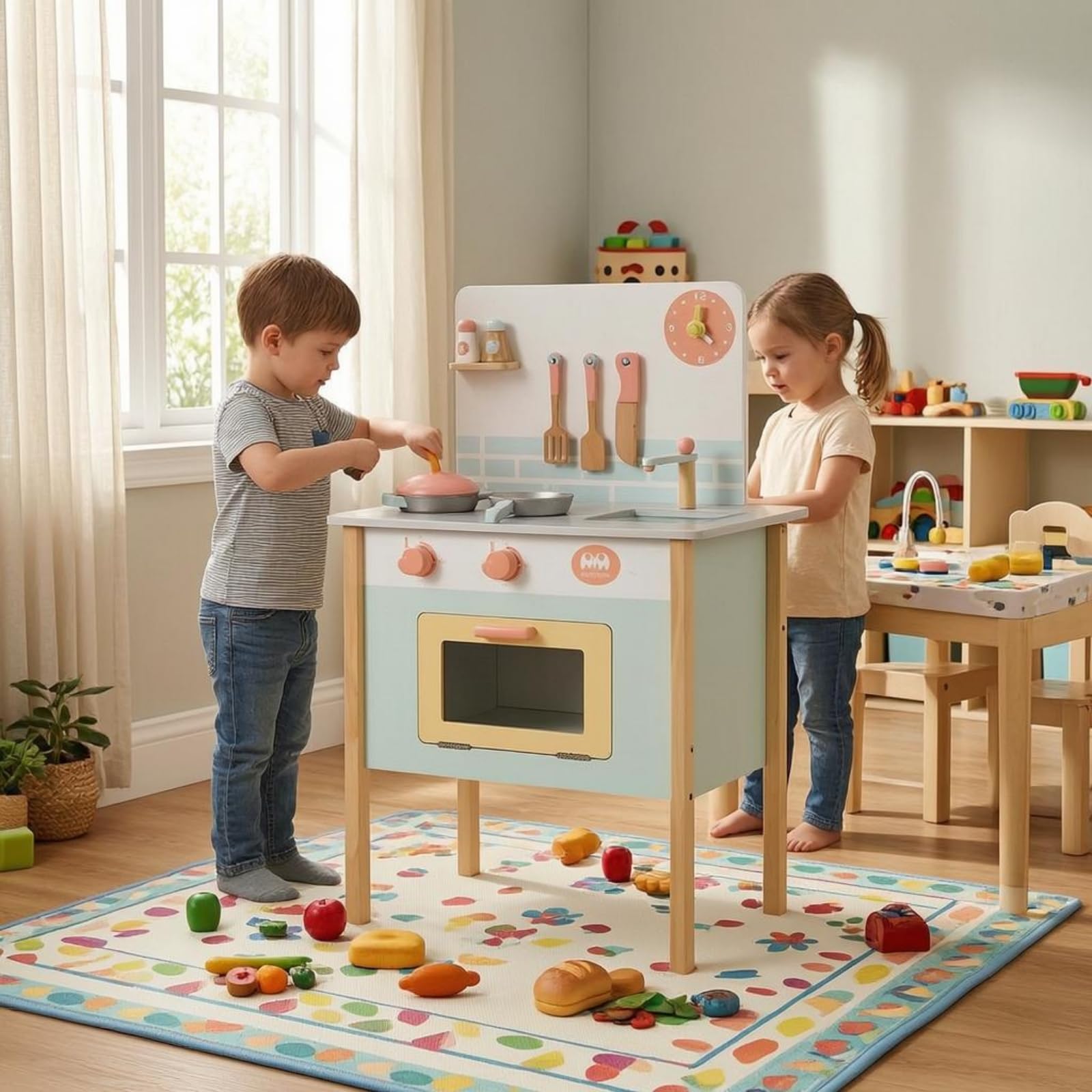Spielküche Kinderküche Küchenmöbel Spielset Holz Herdplatte Spülbereich Ofentür Bedienknöpfe Regal Rückwand Kochgeschirr Und Besteck für Vorschule Familienbereich , Weiß