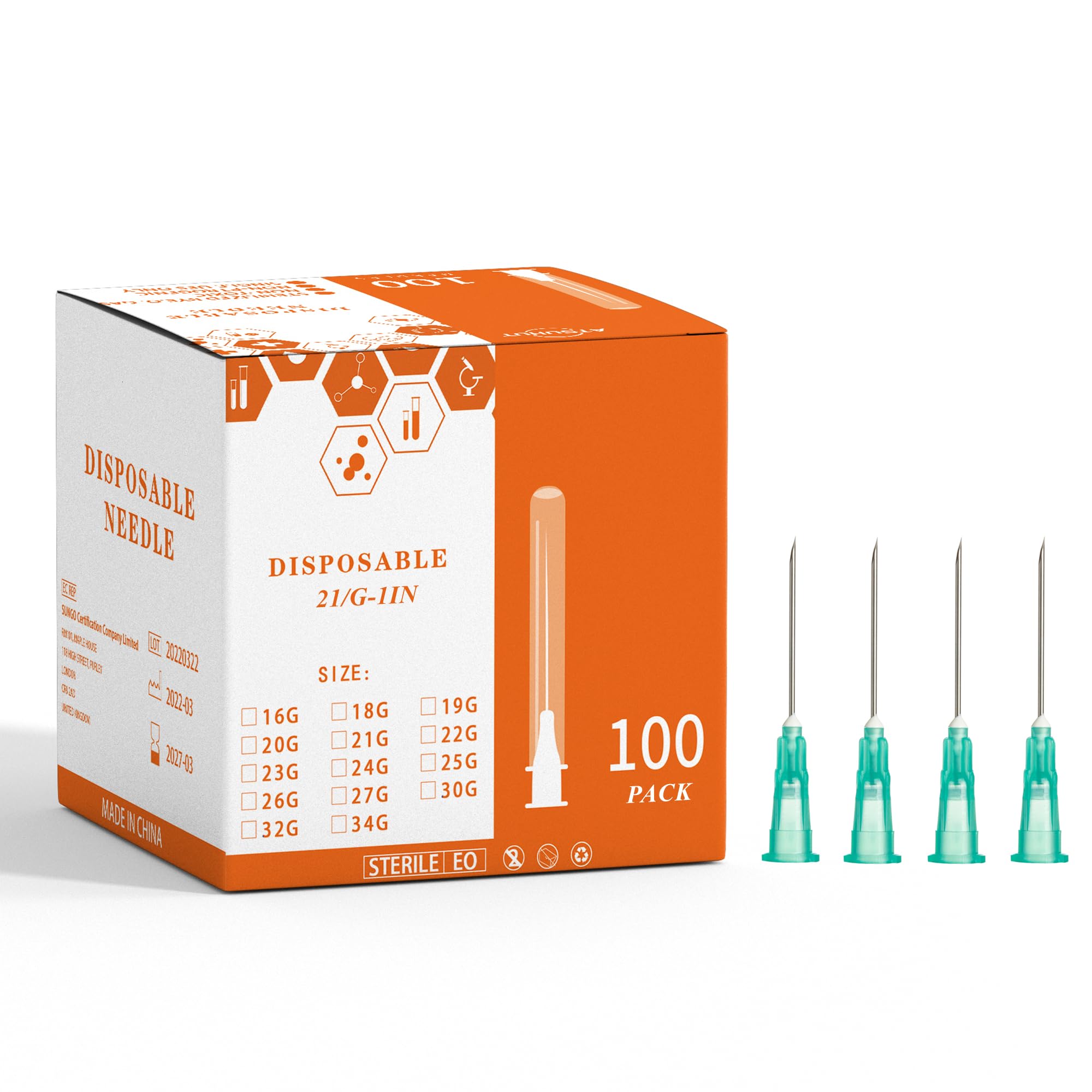 Disposable Luer Lock Needle 100Pack (21G-1IN)
