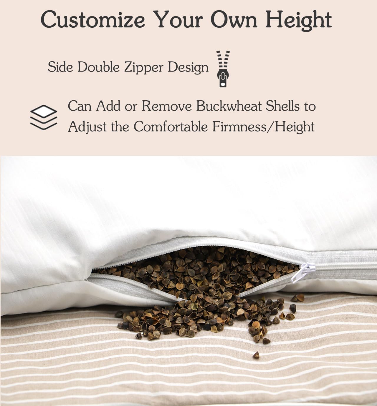 Buckwheat Cervical Neck Pillow, Buckwheat Hulls Pillows for Sleeping Neck Pain Relief Adjustable Filling Firm Neck Support for Side Sleepers, Khaki 19"X11" - Image 2