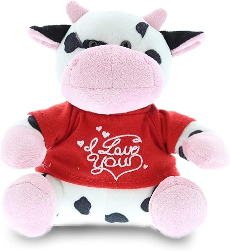 DolliBu Vaca de peluche con texto en inglés "I Love You", bonito animal de peluche con camisa roja y nombre, regalo personalizado para el día de San