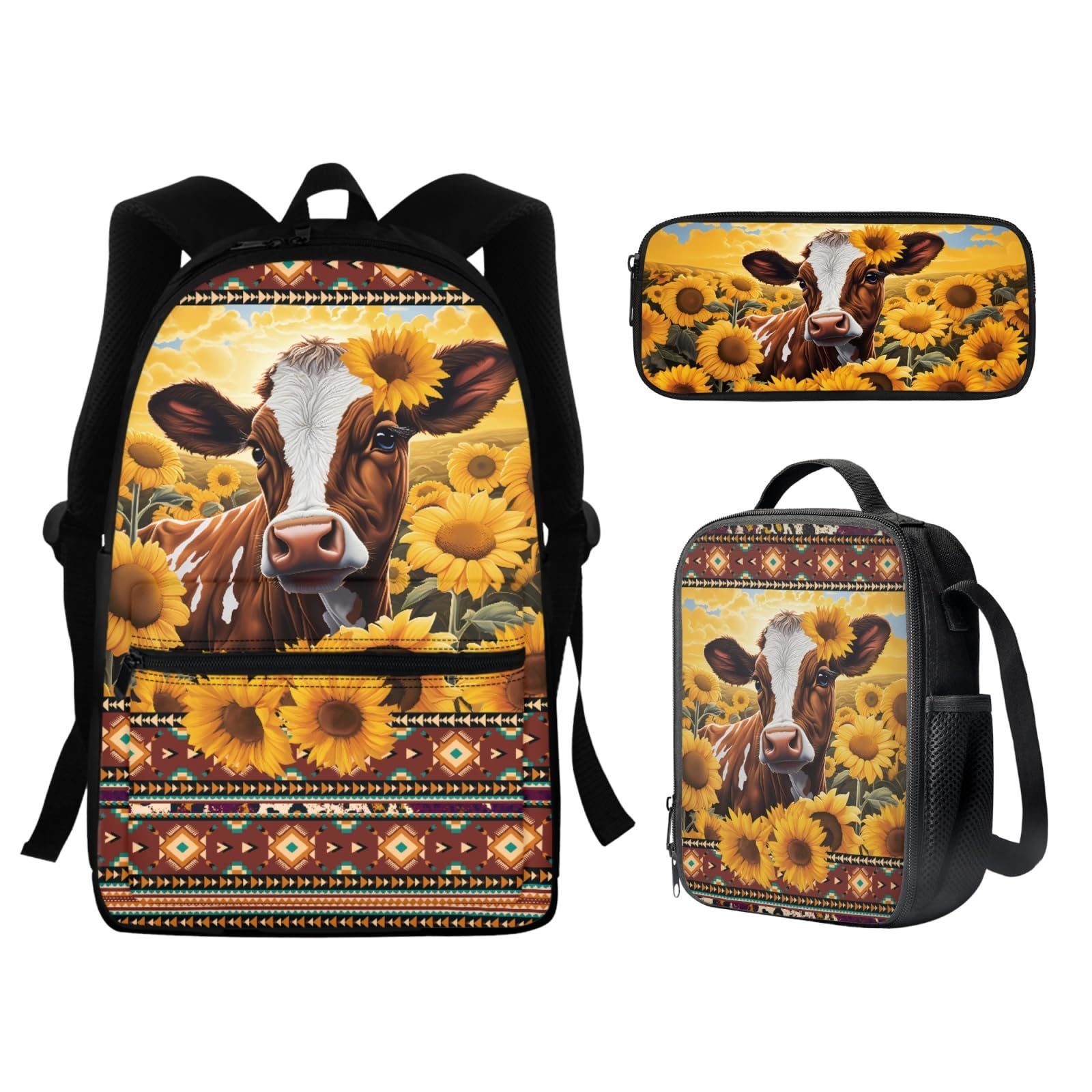 JOAIFO Sunflower Cow Aztec Pattern Backpack Set for School Kids Lunch Bag Pen Holder for Teens Spacious Shoulder Bag Elementary Casual School Supplies