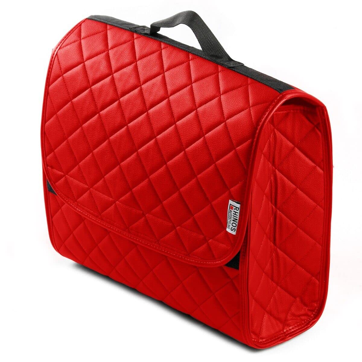 Rhinos Autostyling Red Compatible With Fiat 500 2007-2012 - Durable Boot Tidy Tool Declutter Organiser Compact Storage Car Trunk Anti Slip Bag Leather Quilted Square - Gift Idea