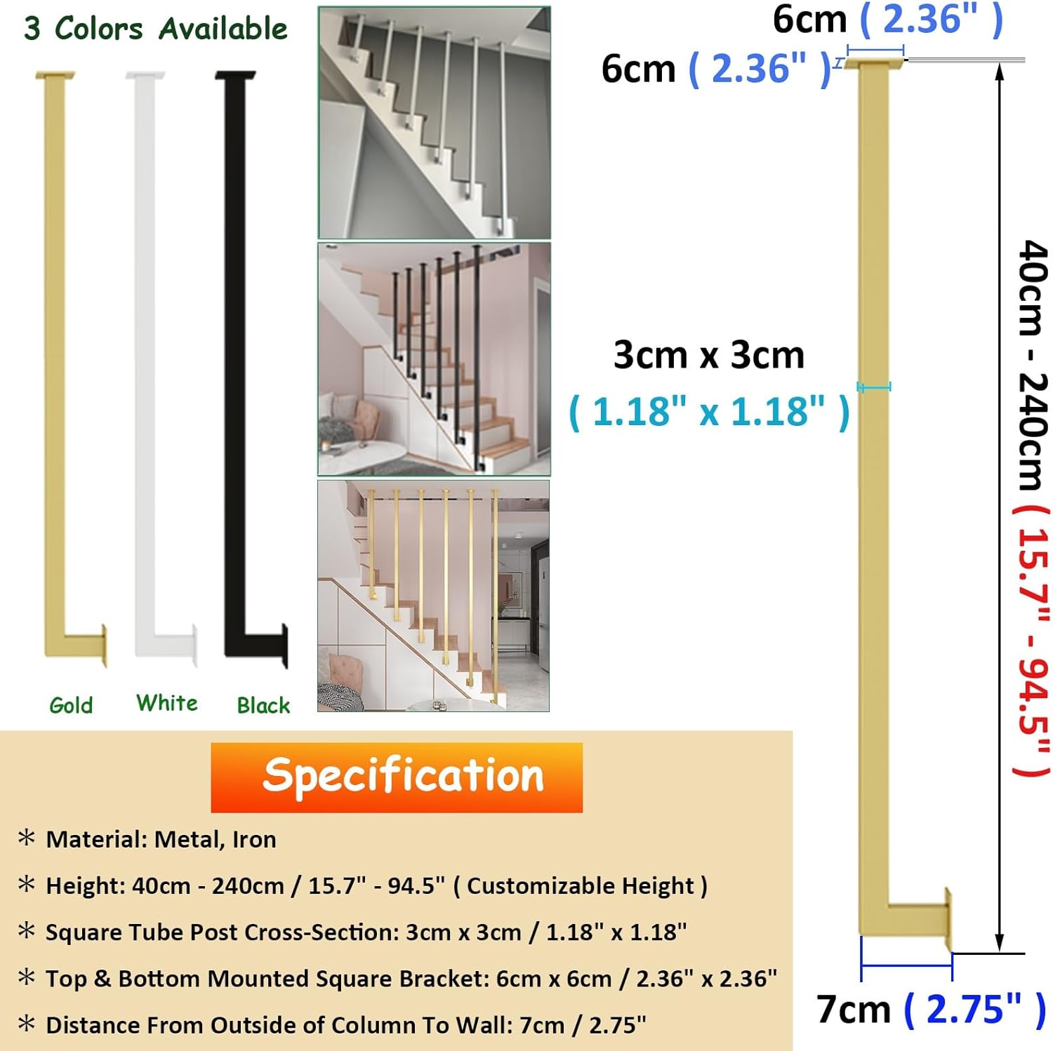 Customizable Metal Stair Balustrades - Modern Indoor Stair Spindles for Sidewall to Ceiling, Attic Deck Baluster Post, Home Studio Decor and Safety Guardrail.