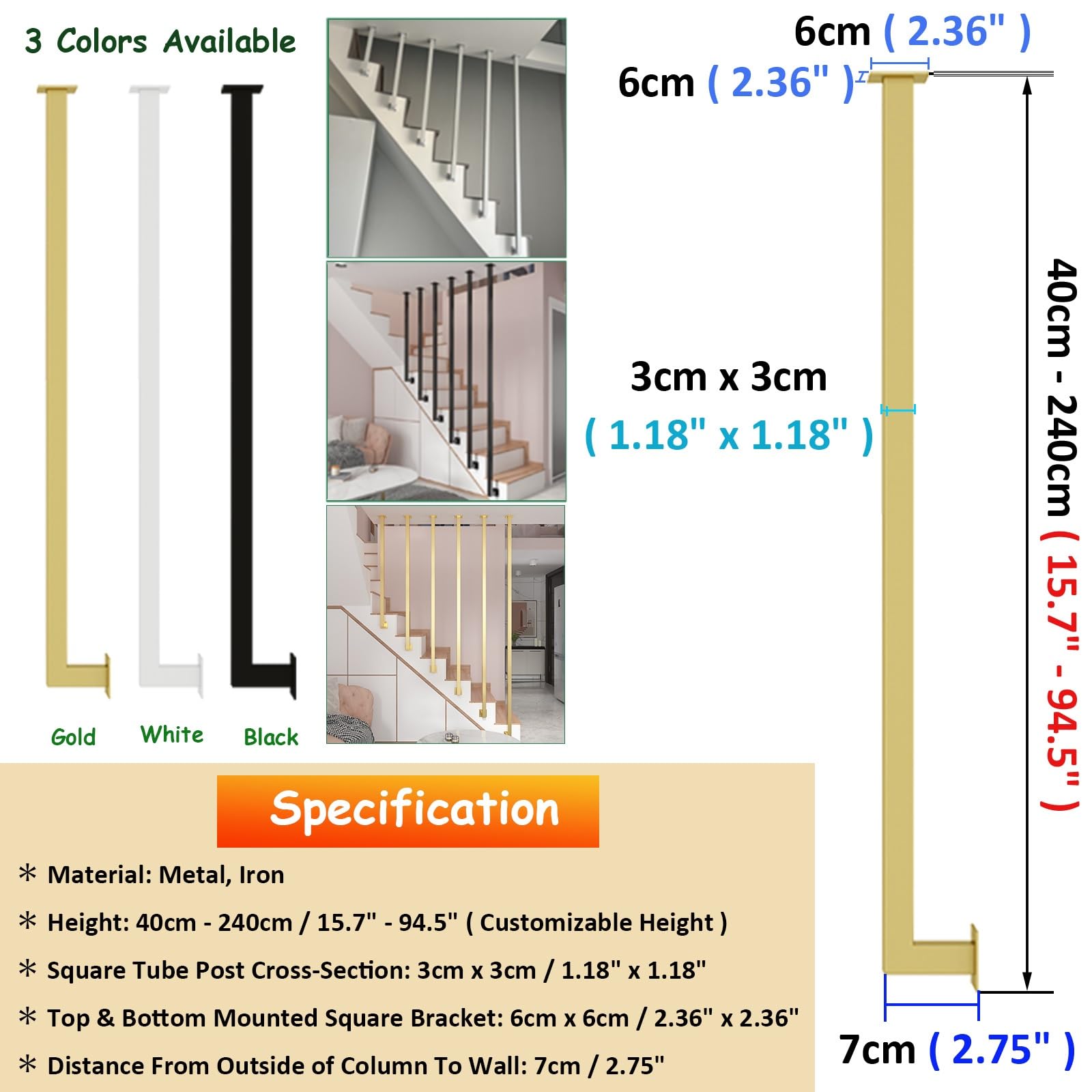 słupki balustrad schodowych, Słupki i pręty balustrad, poręcze kwadratowe do korytarzy(Gold(1 Pack),H 2.2m/7.2ft)
