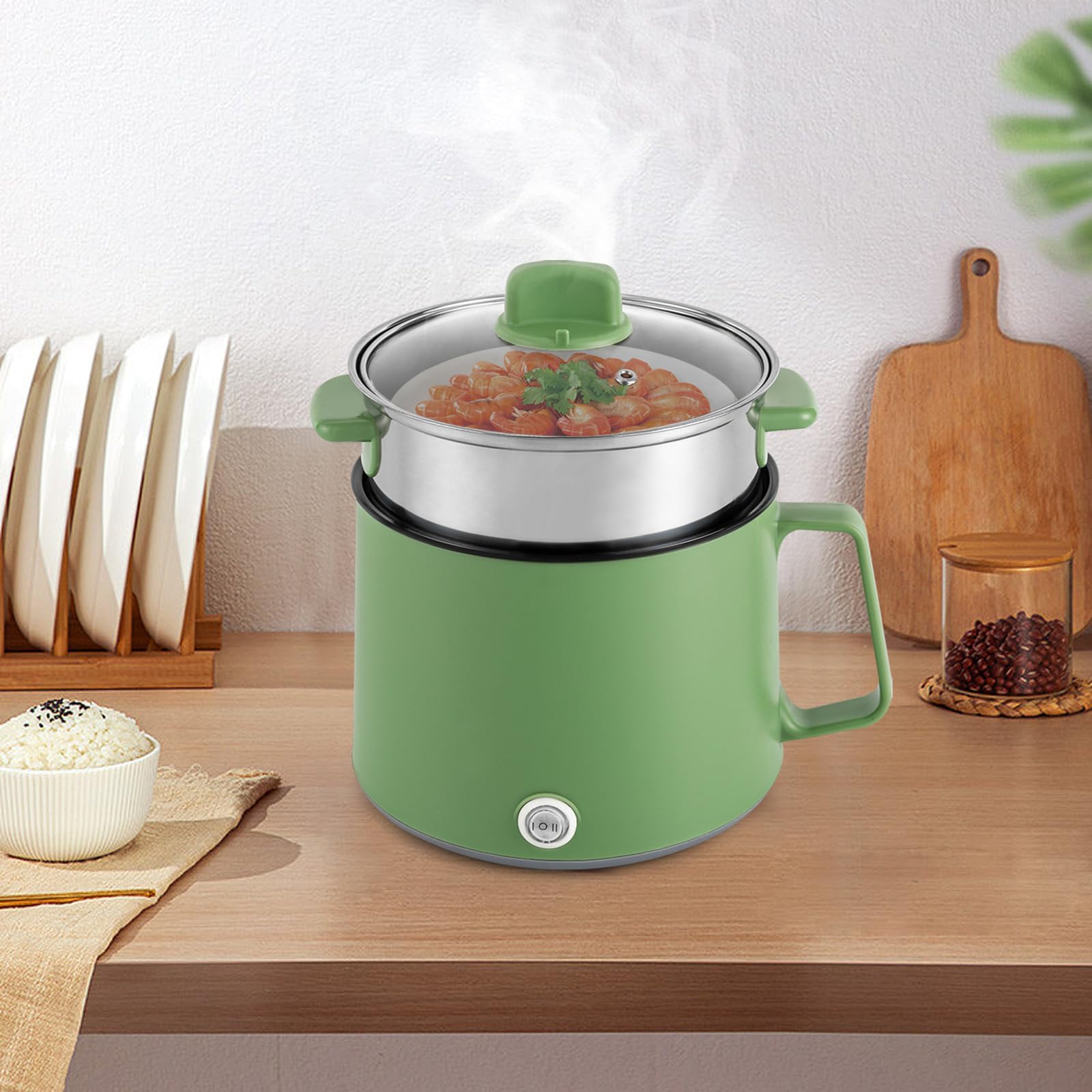 Mini casserole électrique 1,7 l, 600 W, mijoteuse et cuiseur à pâtes avec cuiseur vapeur, revêtement anti-adhésif, deux niveaux de puissance 300 W/600 W pour ramen et fondue