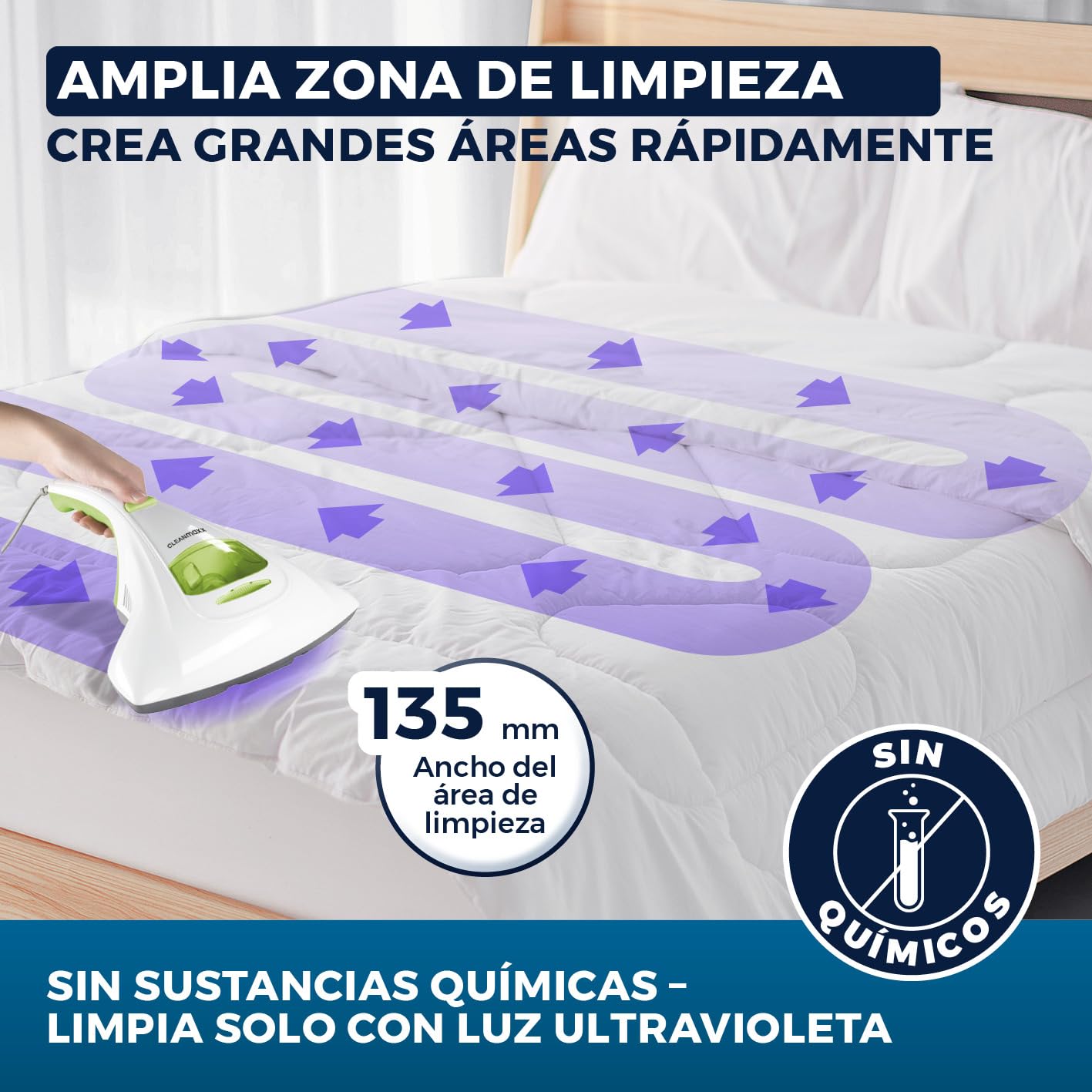 CLEANmaxx Aspirador Manual de ácaros | Limpiador de colchones con Potente succión, esteriliza Las Superficies con luz UV-C | 300Watt [Destruye hasta el 99,9% de Todos los ácaros]