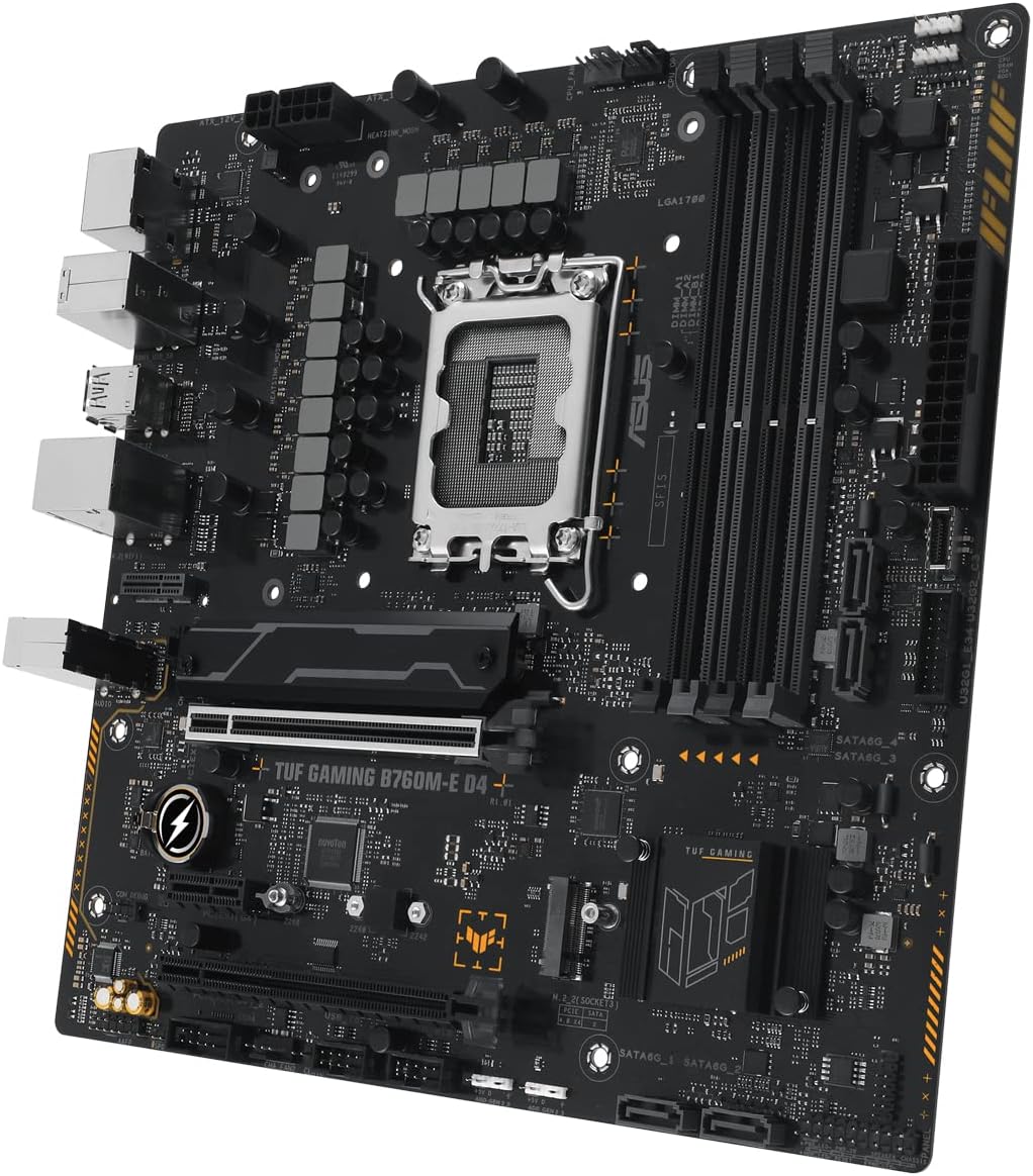 ASUS TUF Gaming B760M-E D4 Scheda madre Intel B760, LGA 1700, mATX, DDR4, PCIe 5.0, 2 slot M.2, WiFi 6E, USB 3.2 Gen 2, Type-C, Nero ASUS TUF Gaming B760M-E D4 Scheda madre Intel B760, LGA 1700, mATX, DDR4, PCIe 5.0, 2 slot M.2, WiFi 6E, USB 3.2 Gen 2, Type-C, Nero