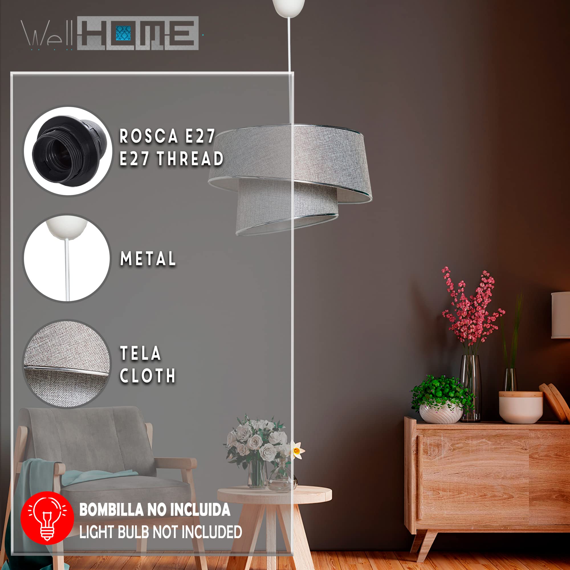 LÁMPARA DE TECHO 70 CM. GRIS/PLATA, TIPO E 27 MAX 45-60 W