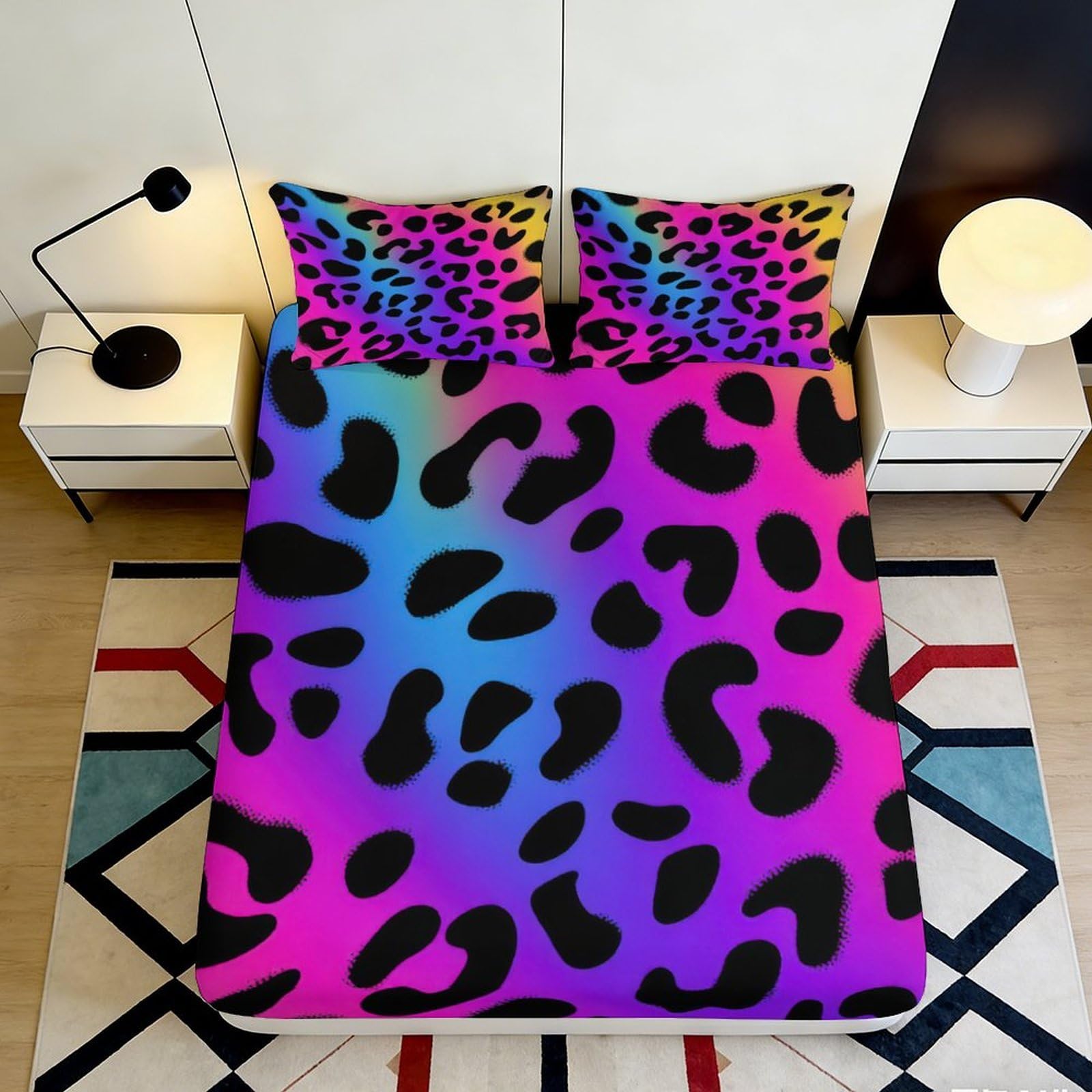 3D Printed Rainbow Leopard Fitted Sheet Microfiber Soft Breathable Neon Animal Mattress Cover Bedroom Dorm Decor 120x200x25cm