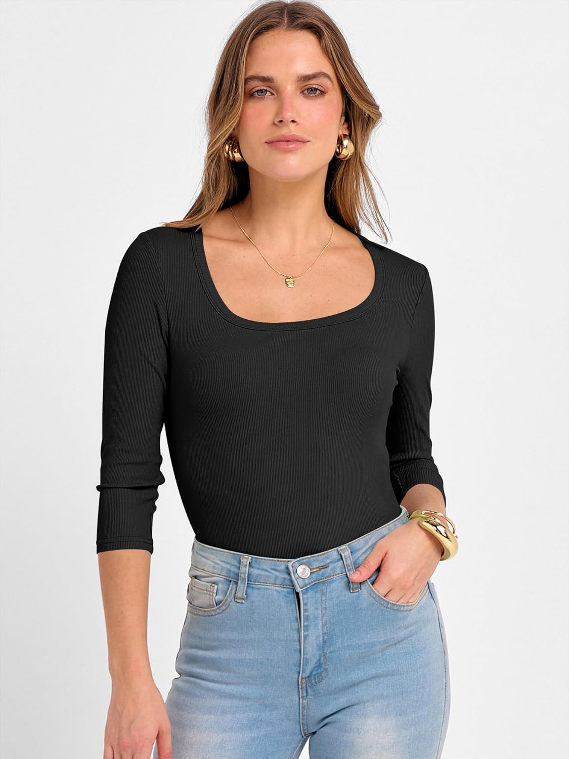 ANRABESS Womens 3/4 Sleeve Scoop Neck Tops Ribbed Knit Slim Fitted Casual Basic Tee Shirts 2025 Fall Trendy Going Out T-Shirt - Image 2