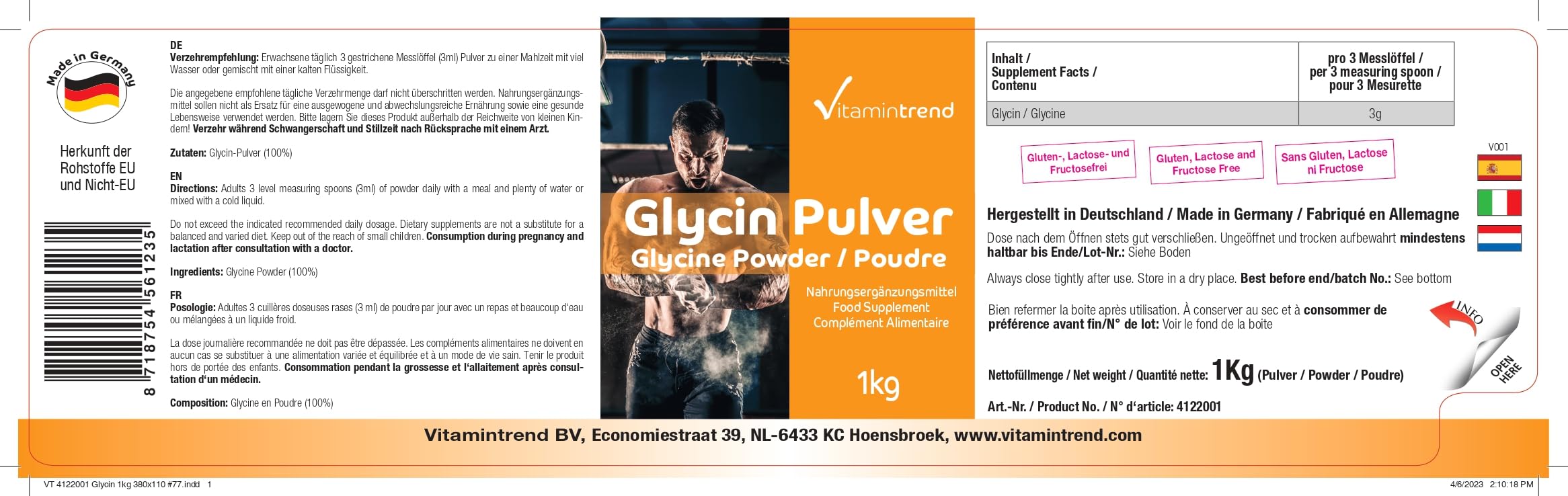 Vitamintrend Glycine en poudre 1kg, acide aminé protéinogène, complément alimentaire vegan sans stéarate de magnésium, fabriqué en Allemagne
