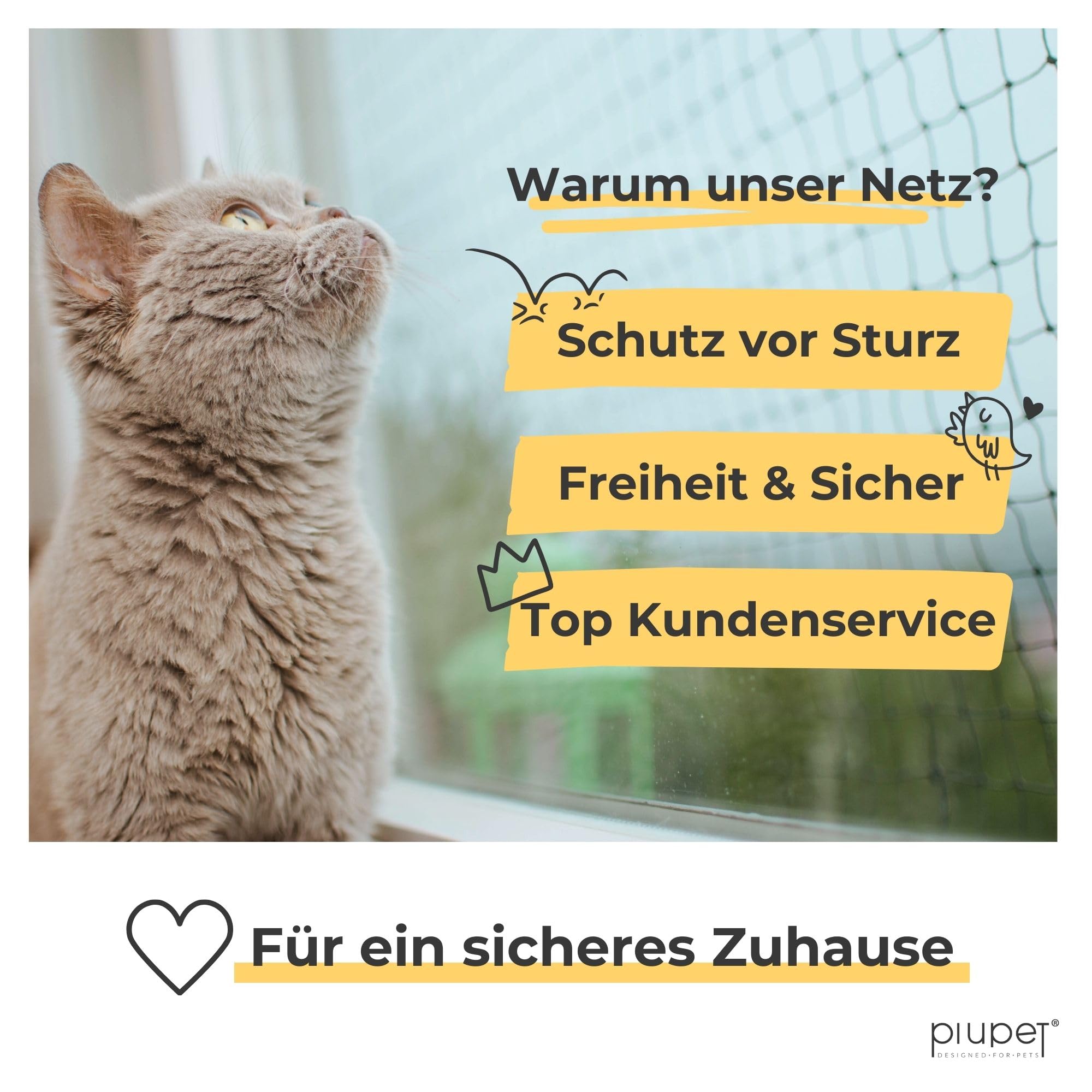 PiuPet® Katzennetz Drahtverstärkt I 8x3m I schwarz I Befestigungsset inklusive I Katzennetz für Balkon | Katzengitter Fenster | Katzen Fensterschutz