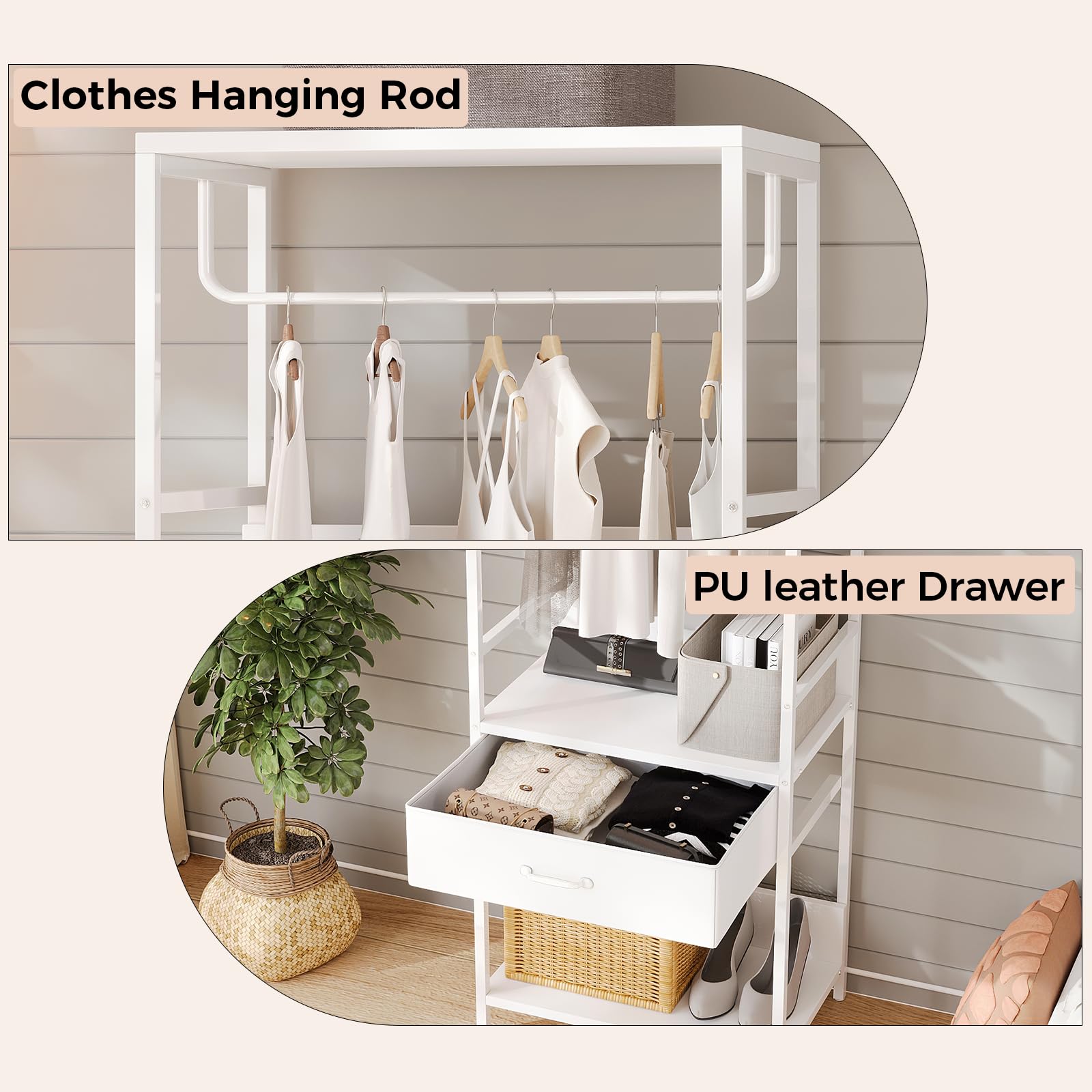 VOWNER Appendiabiti da Terra, Mobile Ingresso con Panca, 4 in 1, Attaccapanni con Barra e Cassetti, Stand Appendiabiti in Acciaio Inox, Mobile Ingresso Multifunzionale con Scarpiera, 60x180x40cm