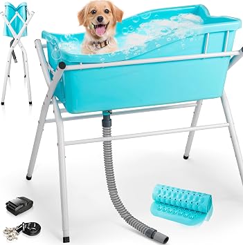 Dog Bath Tub, Portable Dog Washing Bathing Station, Elevated Foldable Dog Bath for Shower and Grooming, 3 Adjustable Height Pet Tub for Small and Medium Size Dogs, Indoor and Outdoor