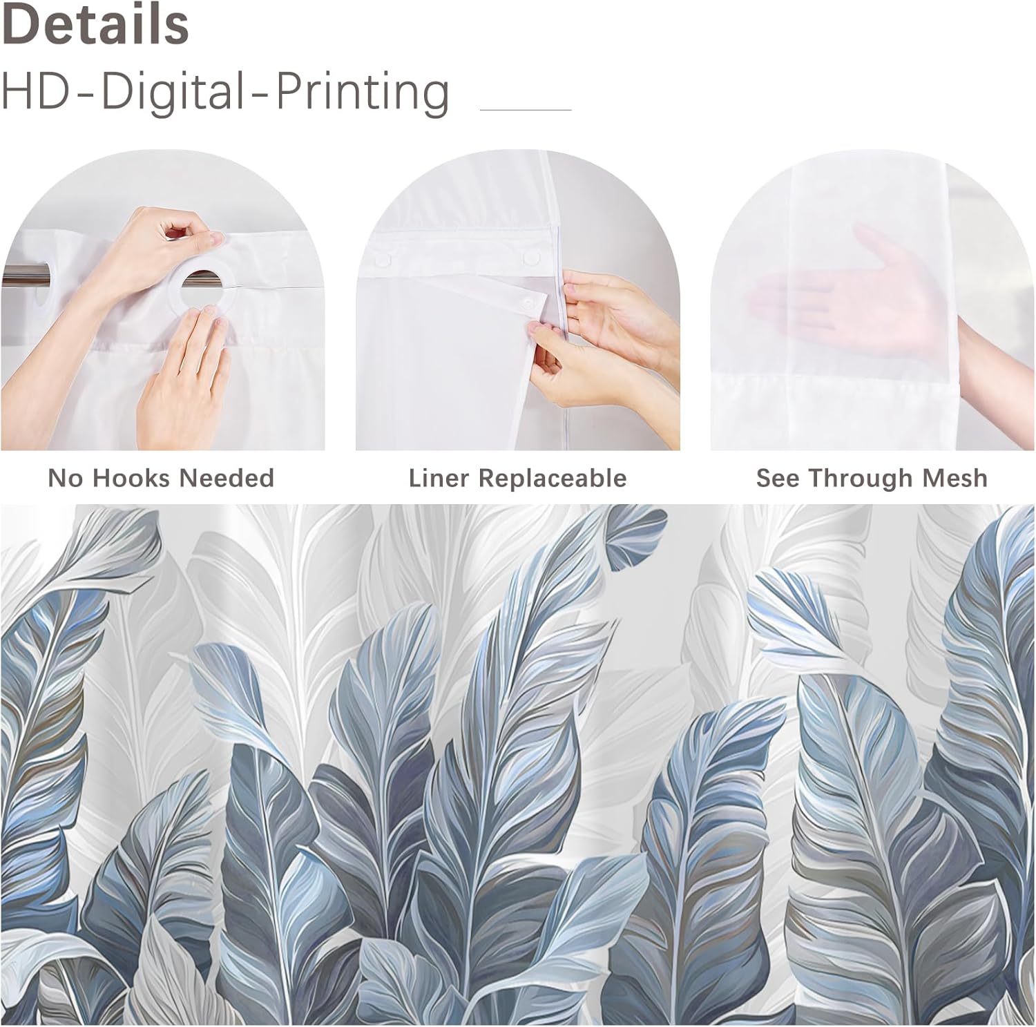 No Hook Shower Curtain,Blue Leaves Double-Layered Shower Curtain with Snap-in Liner and Weights,Blue Plants White Fabric Bath Curtain with See Through Mesh, 71x74in