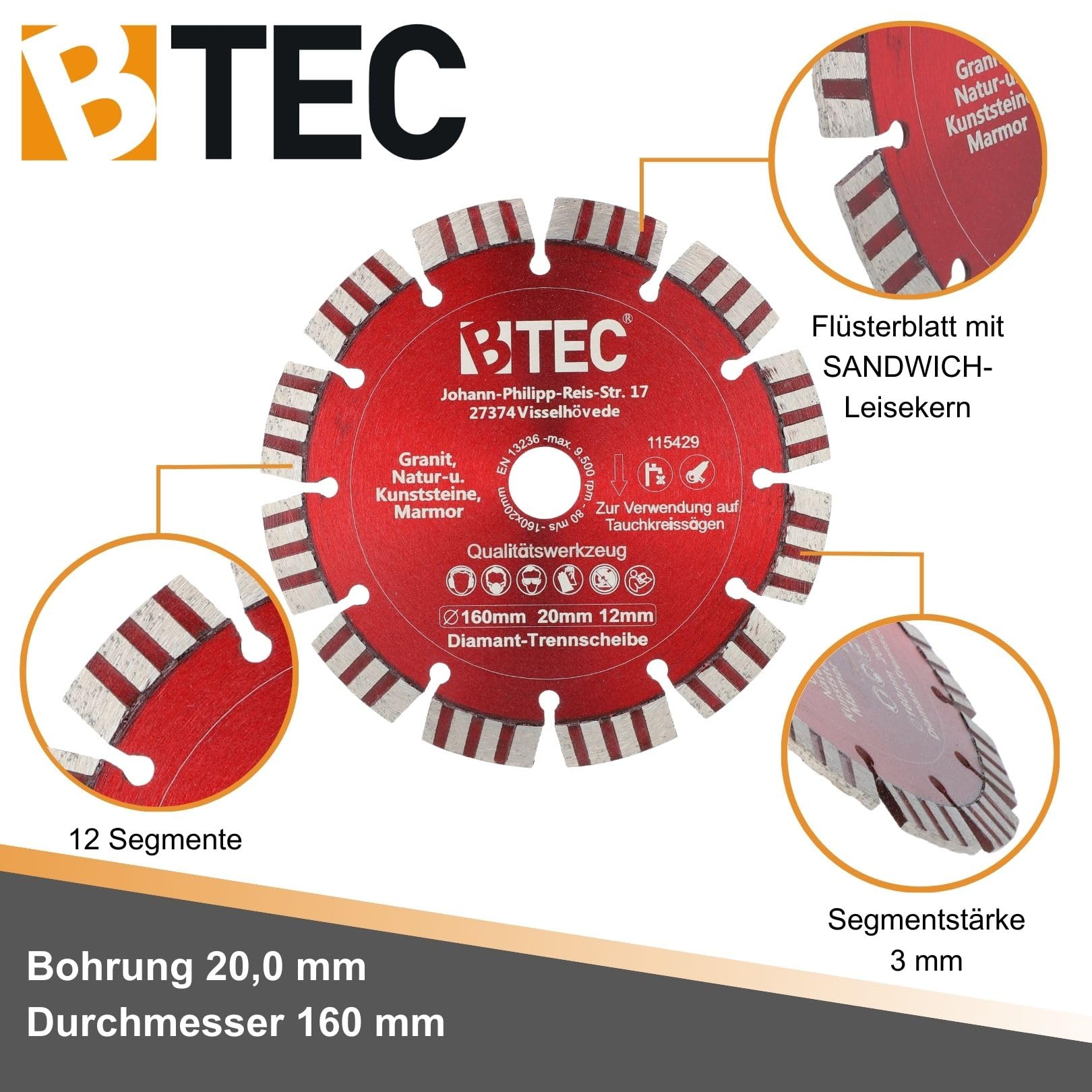 Diamant Tauchsägeblatt Ø 160 mm Bohrung 20 mm