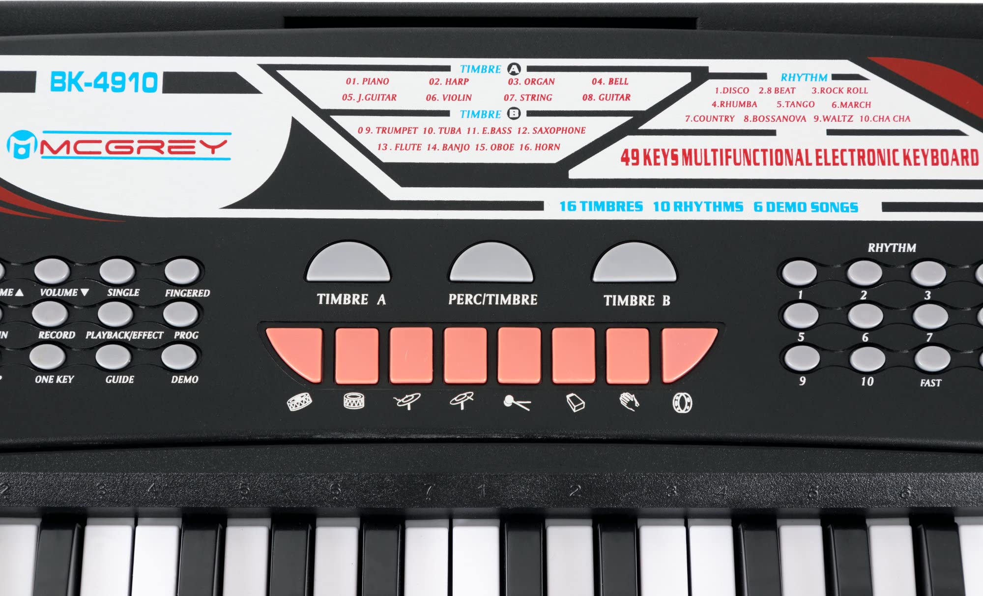McGrey BK-4910BK Set de teclado para principiantes, 49 teclas, 16 sonidos, 10 ritmos, 8 percusiones, 6 canciones demo. Incluye micrófono, auriculares infantiles KKH-10 y atril. Negro