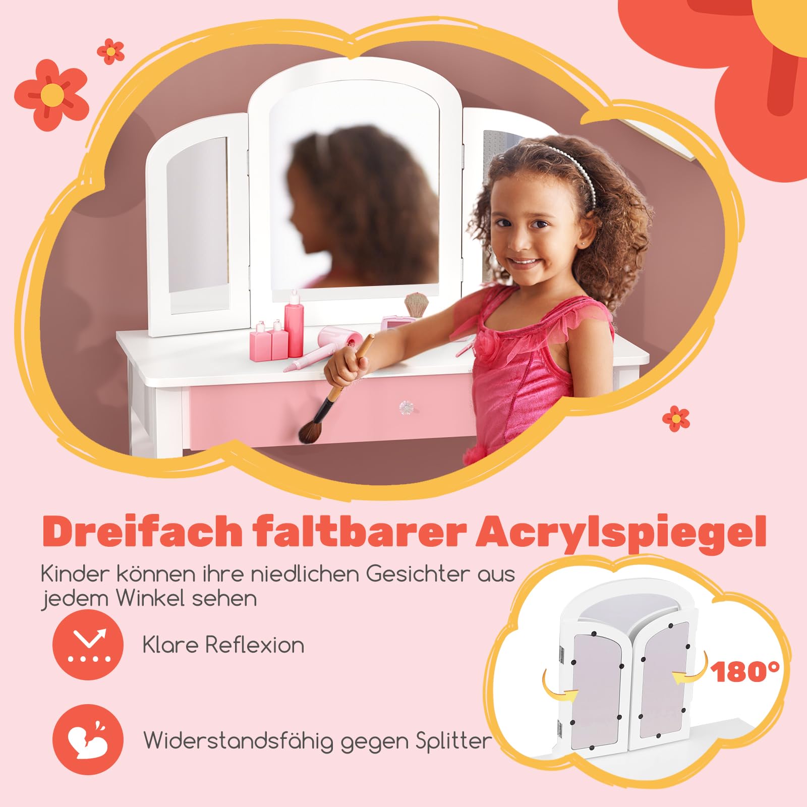 DREAMADE Schminktisch Kinder mit Hocker und abnehmbarem Spiegel,Prinzessin Frisiertisch, Frisierkommode, Kosmetiktisch, Kinderschminktisch mit Kiefernholz-Beine für Kinder Mädchen (Rosa)
