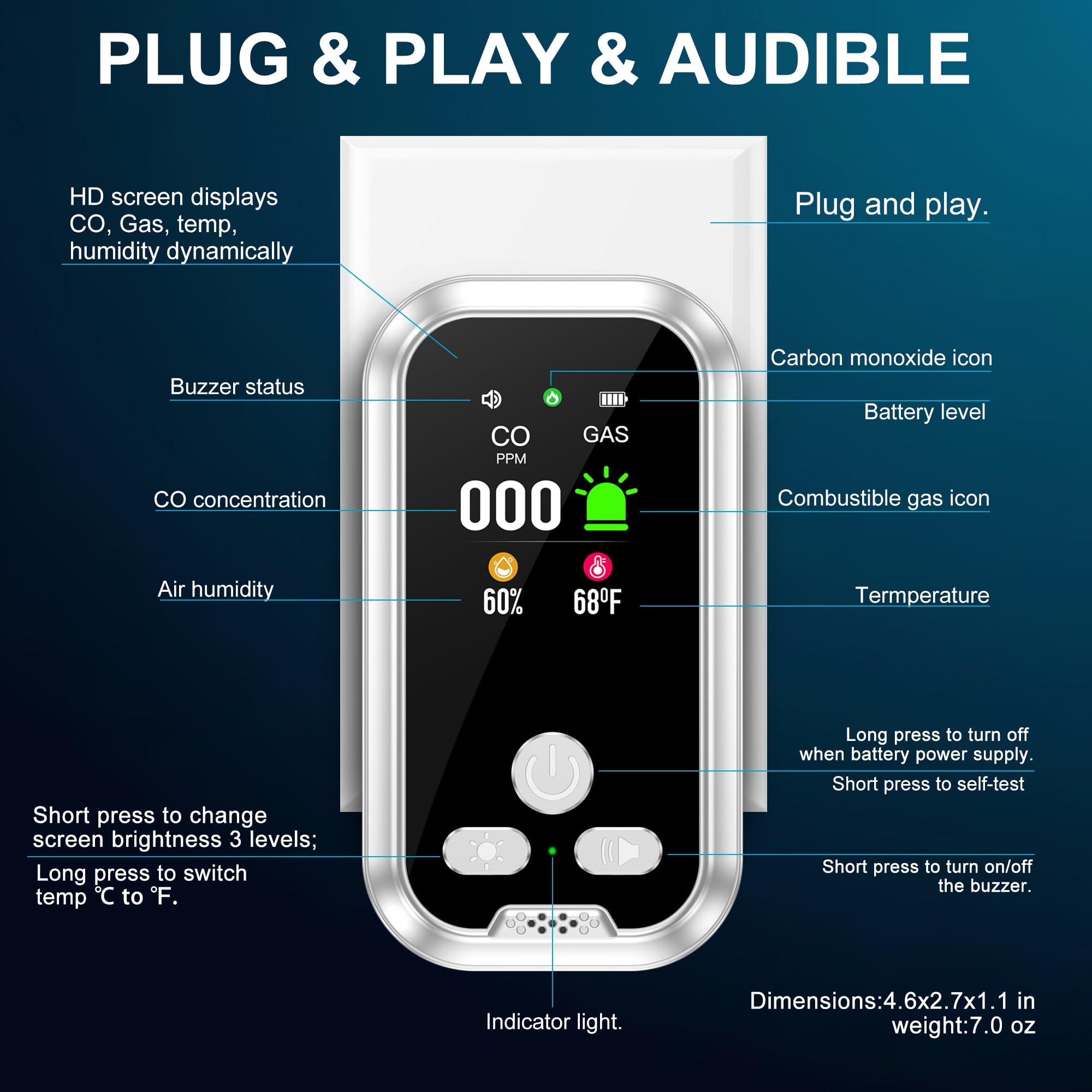Detector de Gas y Monóxido de Carbono con Enchufe para Hogar, Alarma de CO para Casa, Alarma de Gas Combustible para Gas Natural LPG Metano Propano Butano, Blanco, HD11-CG