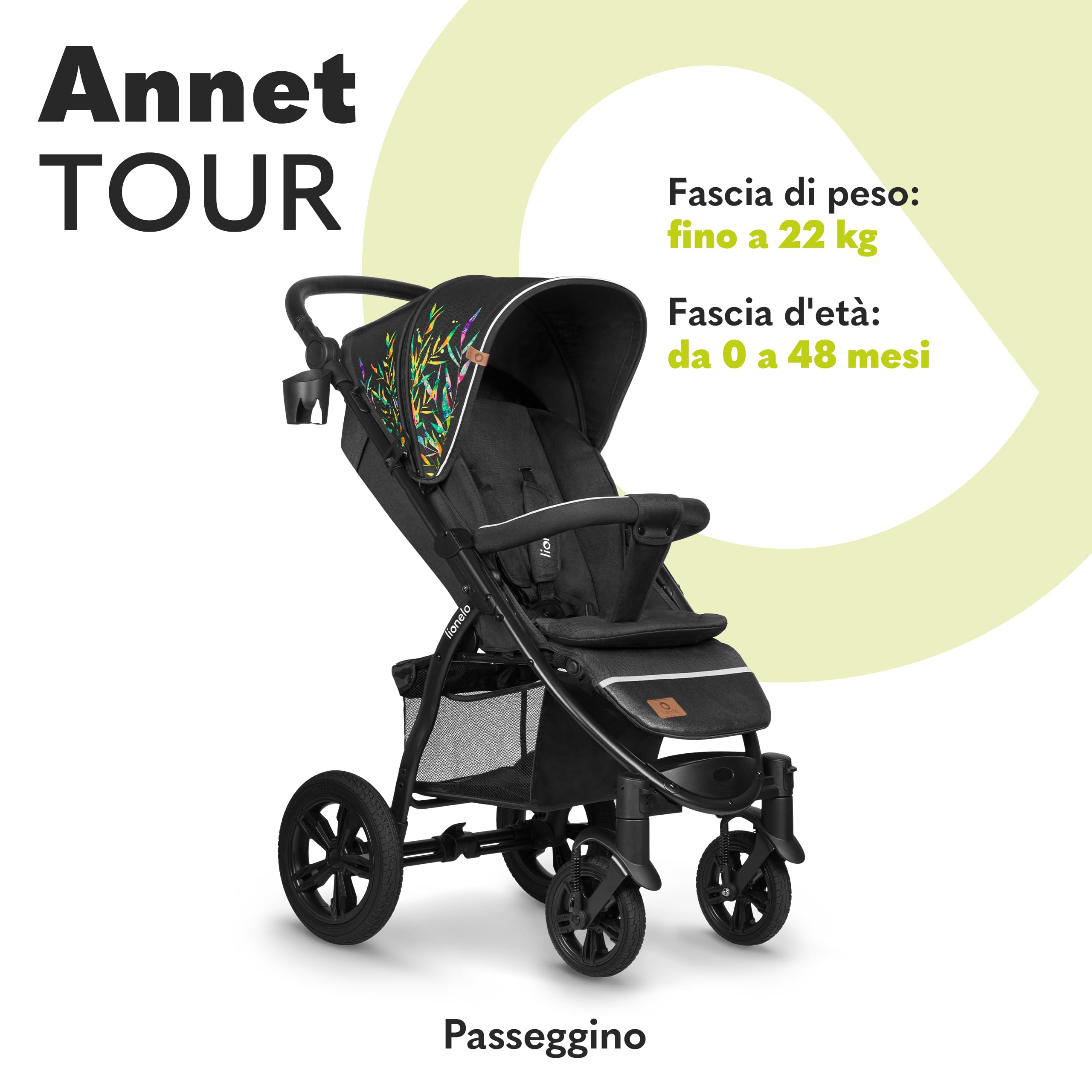 LIONELO Passeggino compatto per bambini dalla nascita fino a 22kg Pieghevole Completa regolazione Posizione sdraiata Cinture 5punti Grandi ruote Ammortizzazione Cappottina XXL (DREAMIN, ANNET TOUR) | , Posizione Sdraiata, Cinture a 5 Punti, Grandi Ruote A