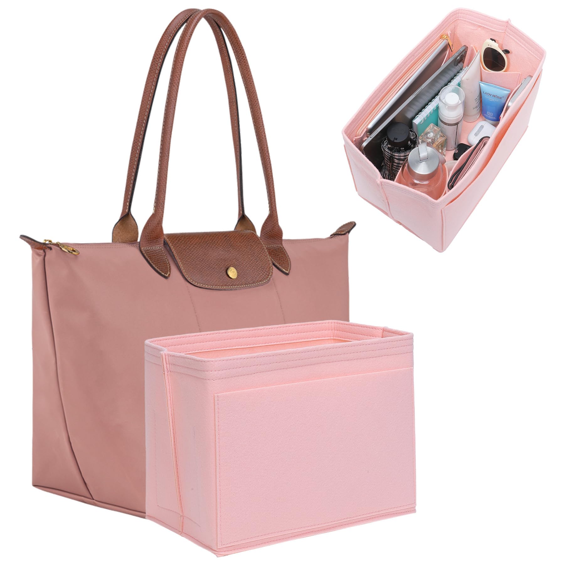 KESOIL Purse Organizer Insert for Longchamp Le Pliage Original/One M Tote bag with Cup Holder, Medium/Pink Tea