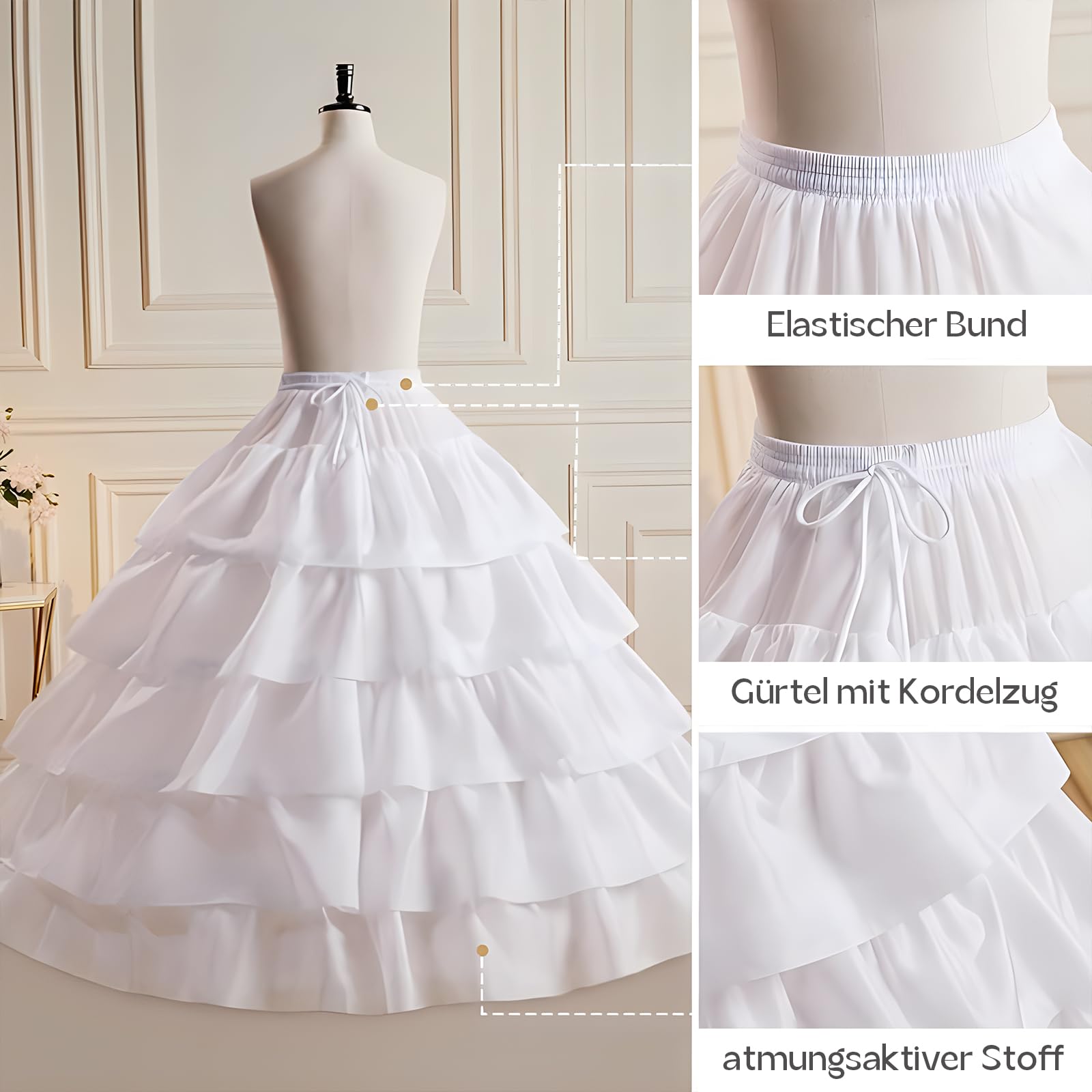 YULUOSHA Robe de bal de mariage pour femme Jupon Crinoline Jupe 4 Créoles 5 couches de volants Demi-slip