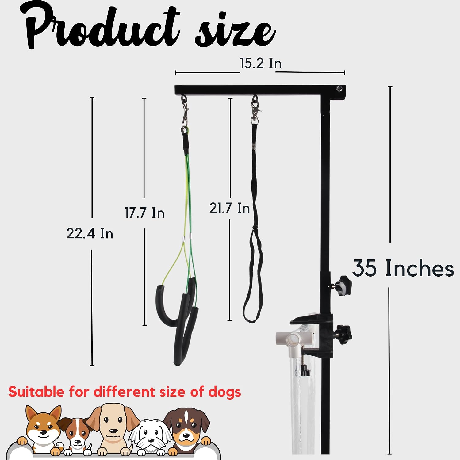 Dog Grooming Arm with Clamp - 35" Dog Grooming Stand - Pet Grooming Table Arm Serves Small, Medium and Large Dogs - Easy Height Adjustment - No Sit Haunch Holders Support Comfortable Standing Position