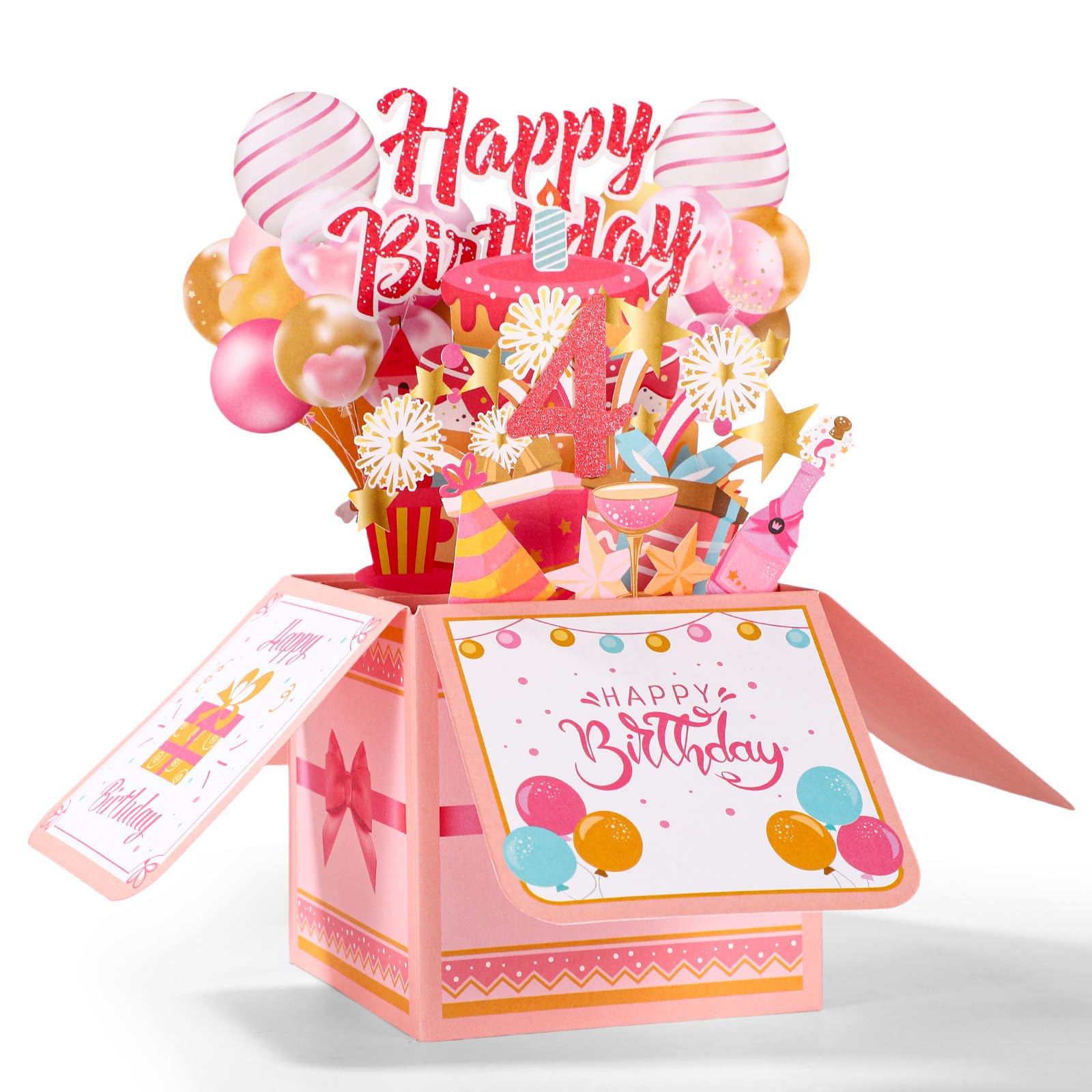 Happy Birthday Pop up Card, Colorful Happy Birthday 3D Greeting Card with Envelope Creative Gift Anniversary Party Decoration Keepsake for Daughter Sister Friends Girls (4th)