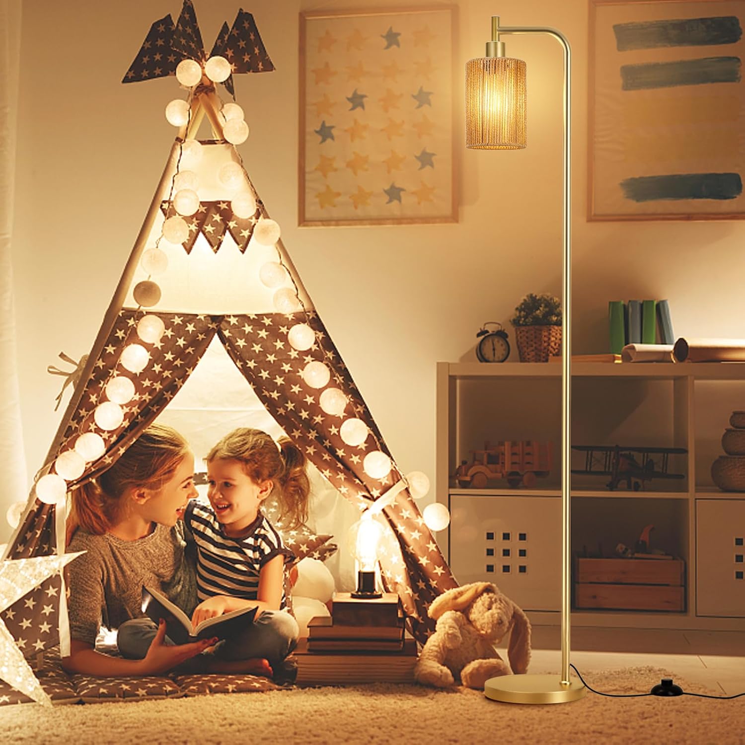 Ziisee Floor Lamps for Living Room - Modern Standing Lamp with Rattan Shade, Gold Floor Lamp with LED Bulb, Farmhouse Tall Lamp for Bedroom Office - Gold