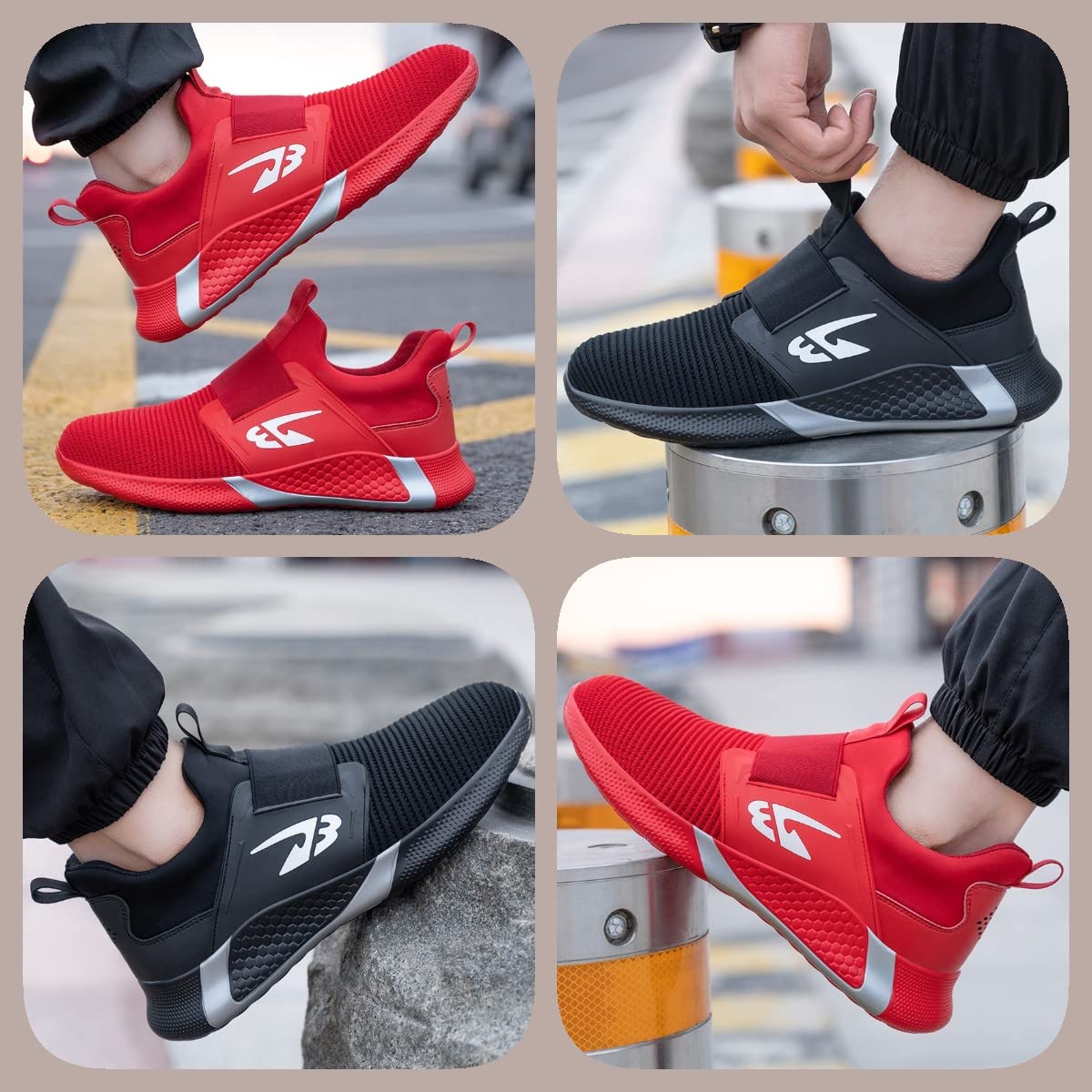 Micoklinlin Steel Toe Sneakers for Men Waterproof Lightweight Safety Shoes for Work Industrial Slip-on Breathable Work Shoes with Reflective Strips Red