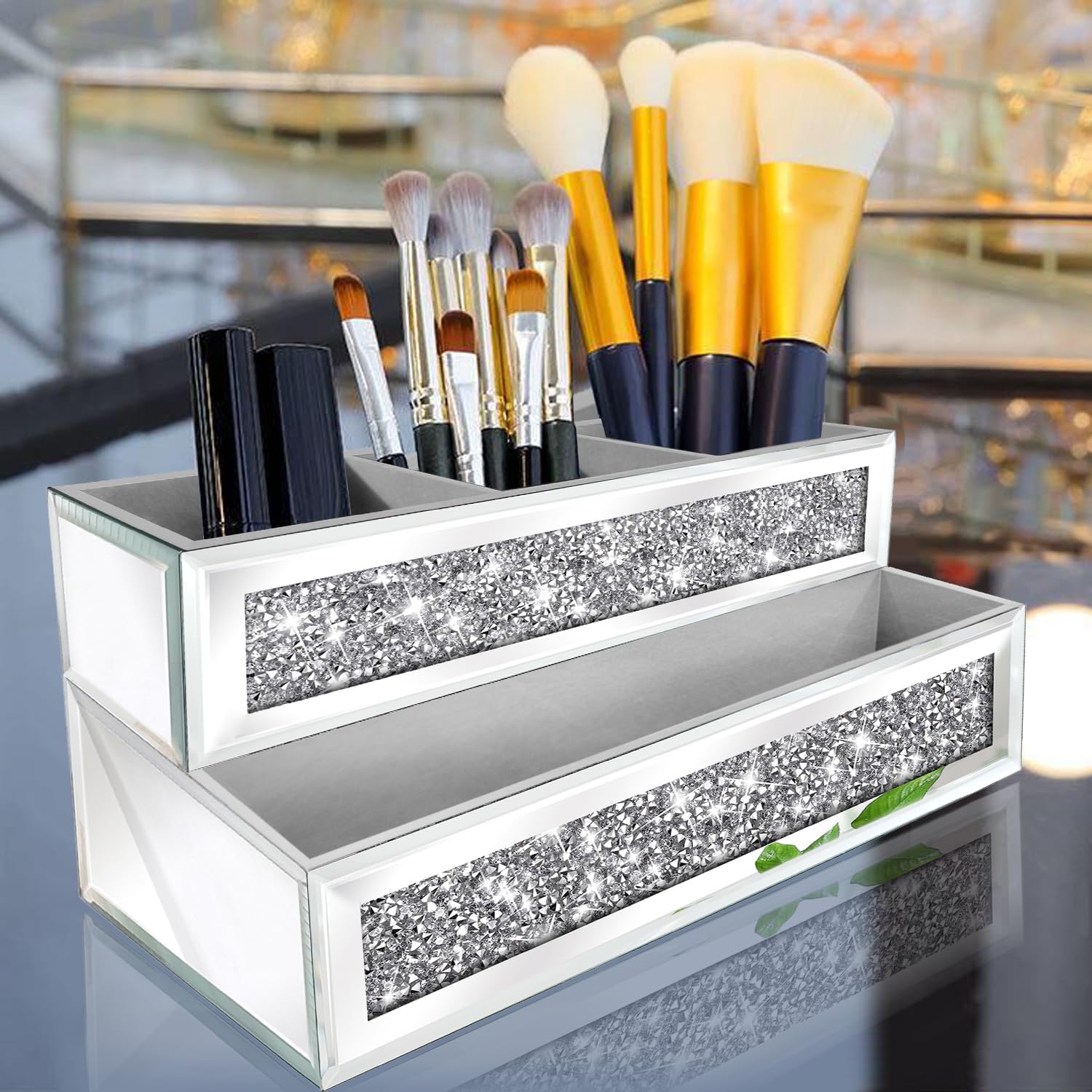 Spiegel-Haartrockner-Halter, Kristall-Diamant-Haar-Werkzeug-Organizer, Wandhalterung, silberfarbenes Badezimmerschrank-Tablett für Föhne, Haartrockner, Glätteisen, Make-up, Pinsel. (26,7 x