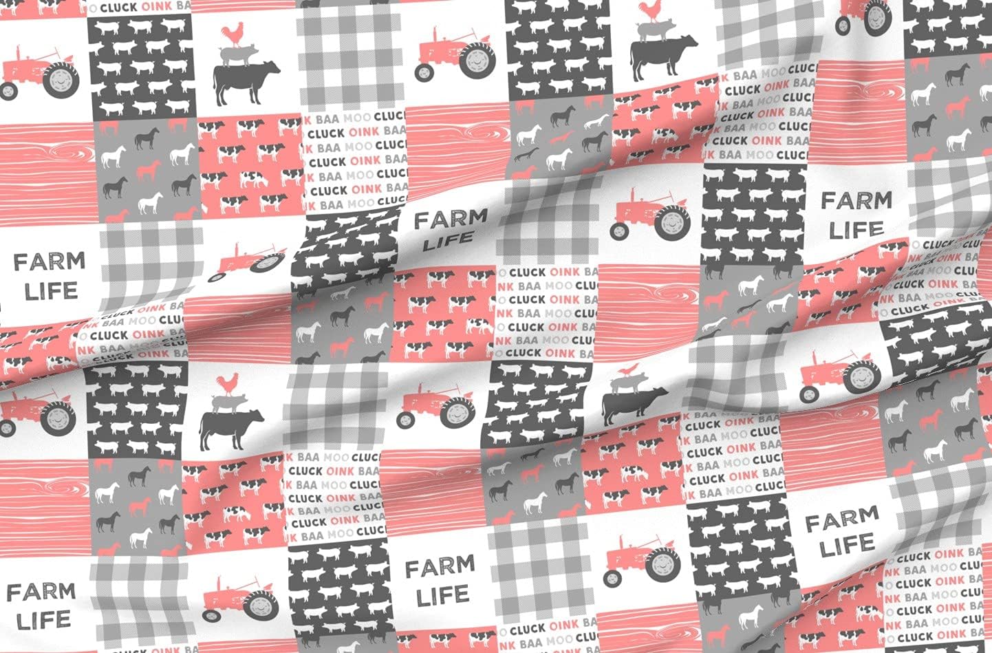 Spoonflower Fabric - Woodgrain Farm Life Tractor Coral Baby Girl Nursery Printed on Organic Cotton Sateen Fabric by The Yard - Sewing Quilting Apparel Home Decor