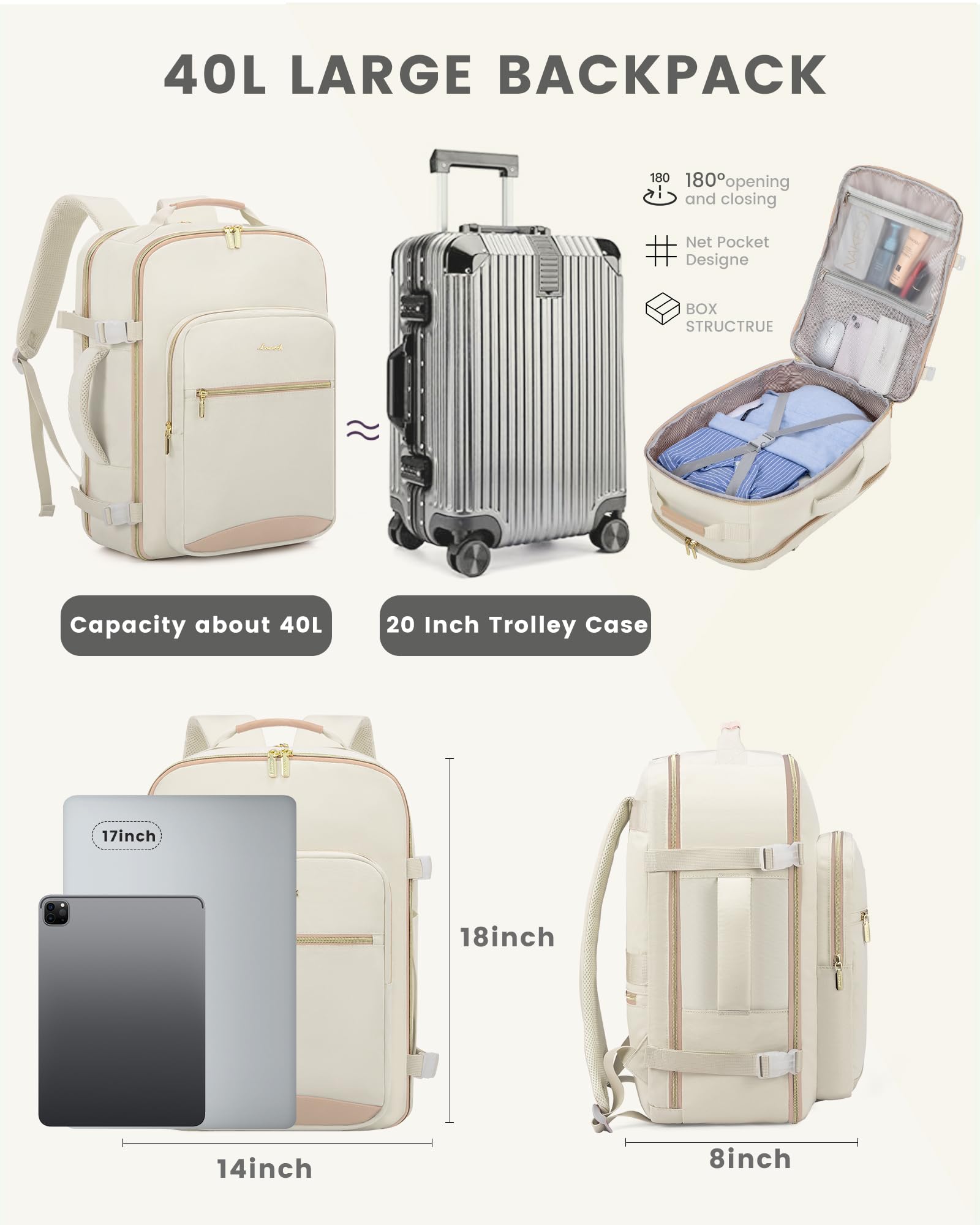 LOVEVOOK Zaino da Viaggio Aereo Bagaglio a Mano, Impermeabile Zaini Trolley Bagaglio Donna 40L Cabin Max per Ryanair Easyjet, Grande Zaino Porta PC 17 Pollici Valigia Borsa a Zainetto