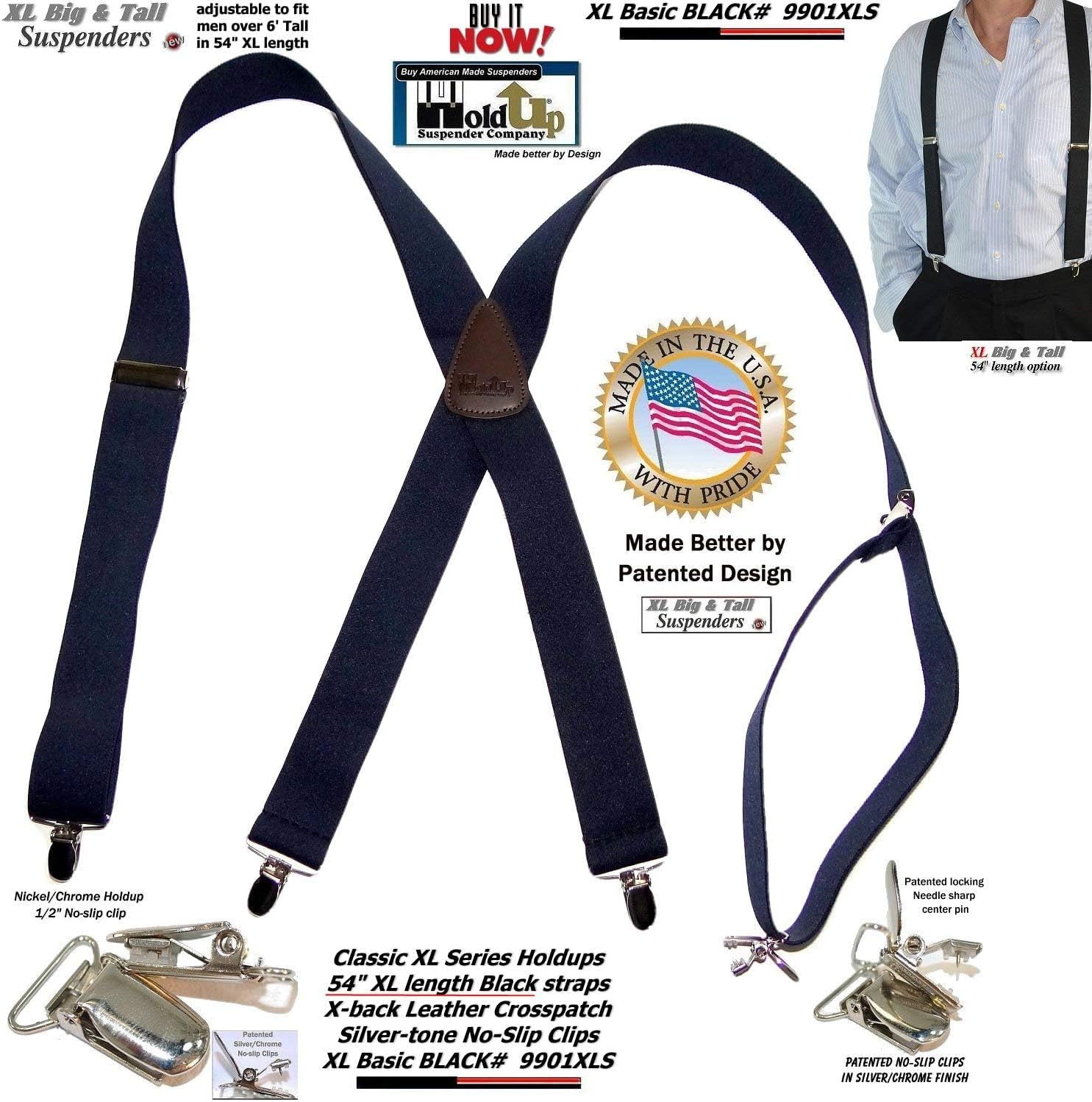 1 1/2" Wide Classic Series Holdups Suspenders for Men in X-back style w/USA Patented No-slip® Silver Clips - Image 7
