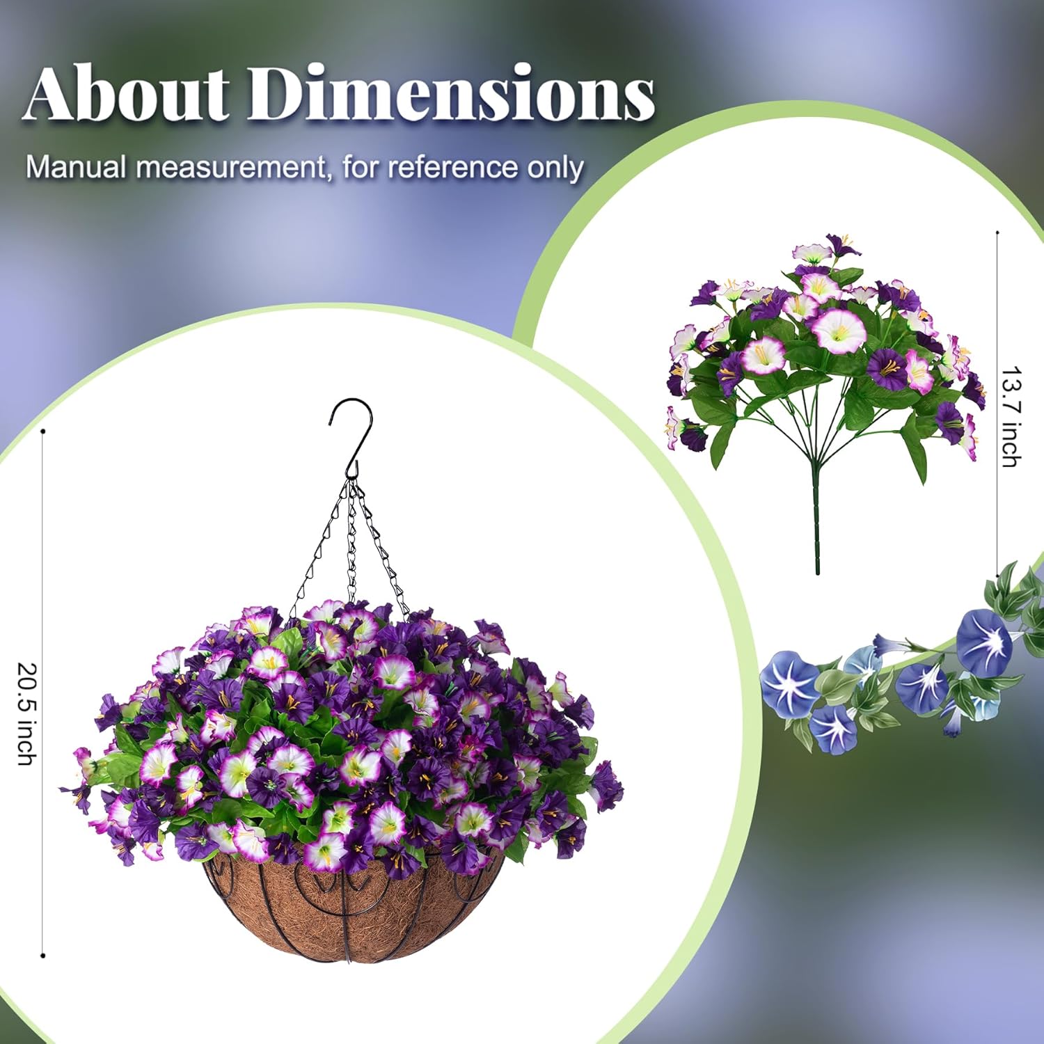 Artificial Hanging Flowers 12 inch Basket, Faux Silk Petunias Flower Arrangement,Coconut Lining Pot Planter with Morning Glories Patio Garden Porch Deck Spring Summer Decor(Purple Edge)
