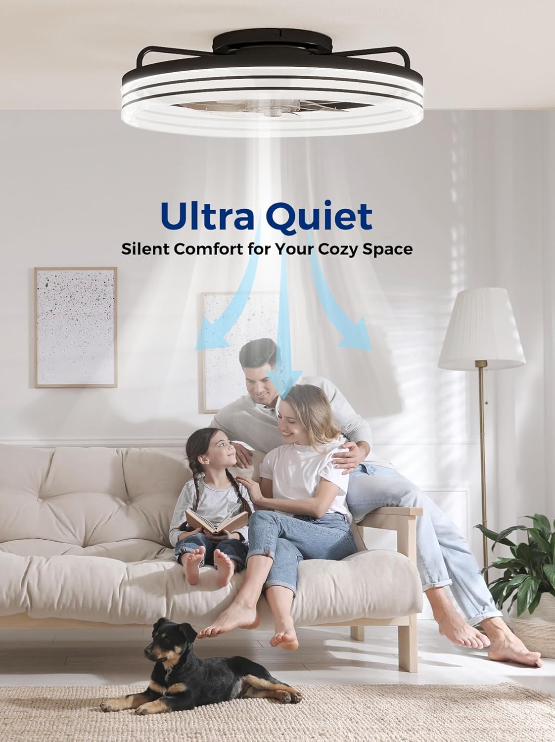 20-Inch Low Profile Ceiling Fan with Lights and Remote Control, Black Modern Flush Mount LED Ceiling Fan, Quiet Fandelier with 6 Wind Speeds, 3000K–6500K Dimmable Lighting for Bedroom