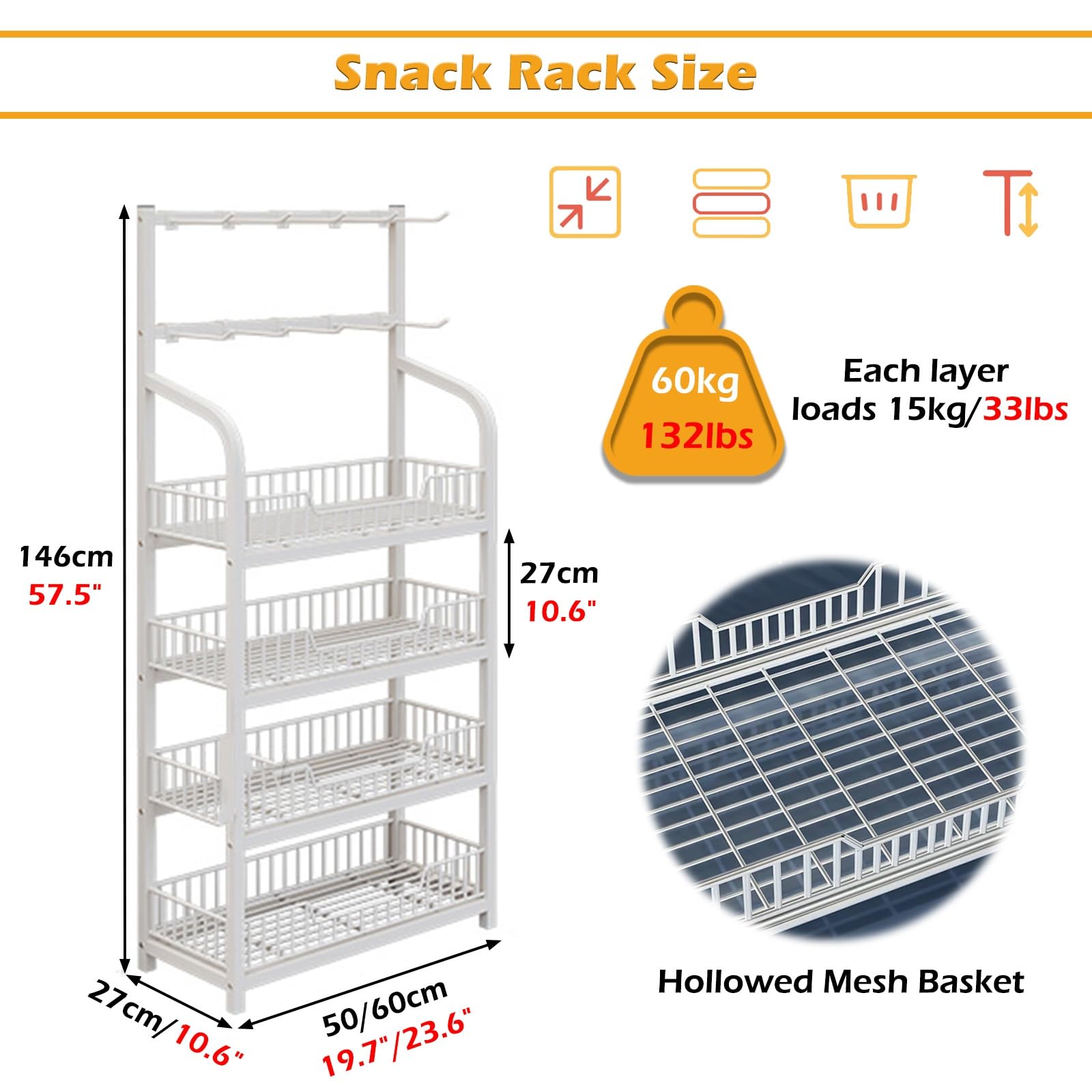 2er-Pack Supermarkt-Snack-Displayregal, Robustes 4-stöckiges Kartoffelchips-Orga, Büro, Kiosk, freistehender Süßwaren-Lebensmittelhalter für den gewerblichen Einzelhandel (L 60 cm/23,6 Zoll)