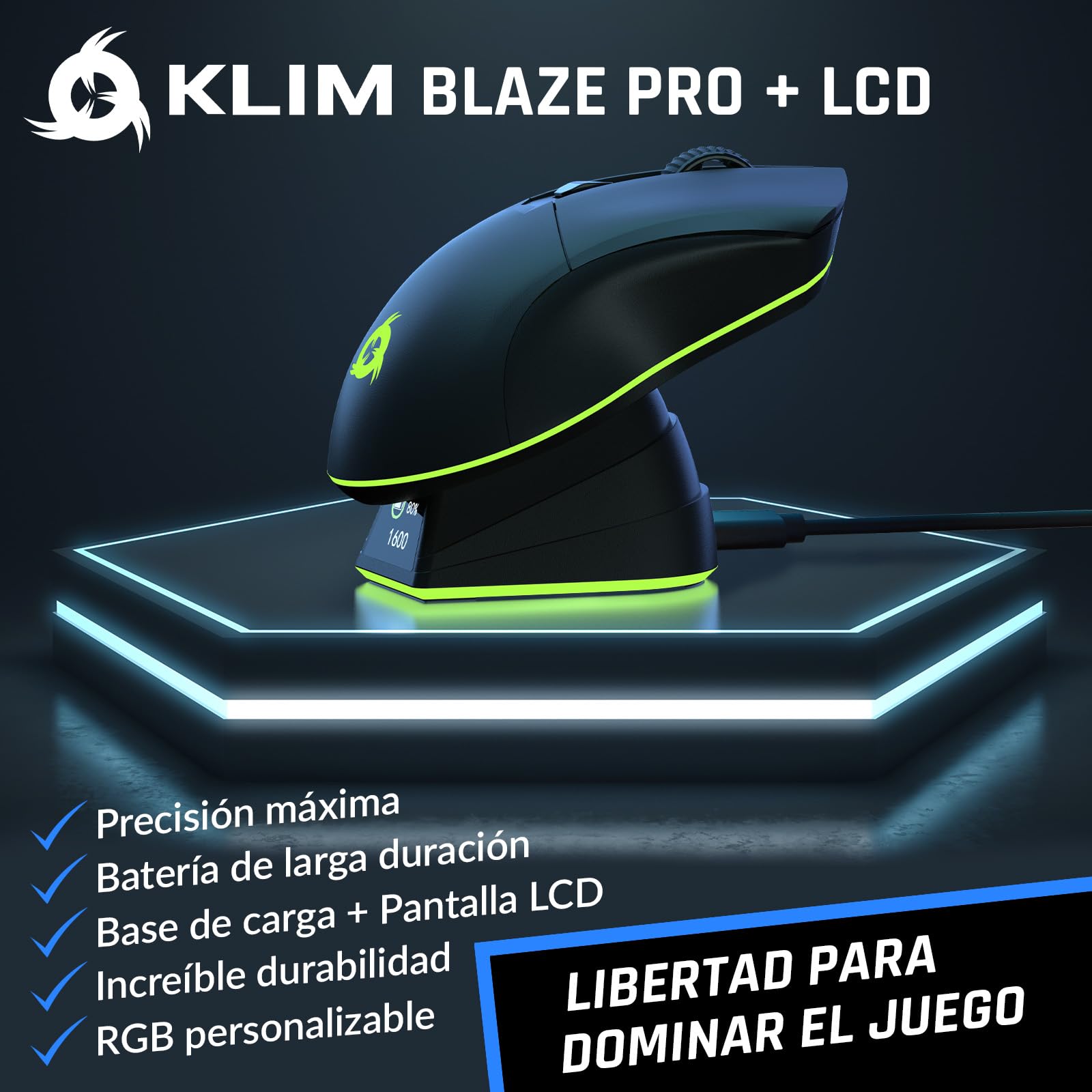 KLIM Blaze Pro – Ratón inalámbrico RGB Recargable con estación de Carga – Novedad con LCD Pantalla – Sensor Alta precisión y batería de Larga duración – hasta 6000 dpi – Ratón inalámbrico con Cable