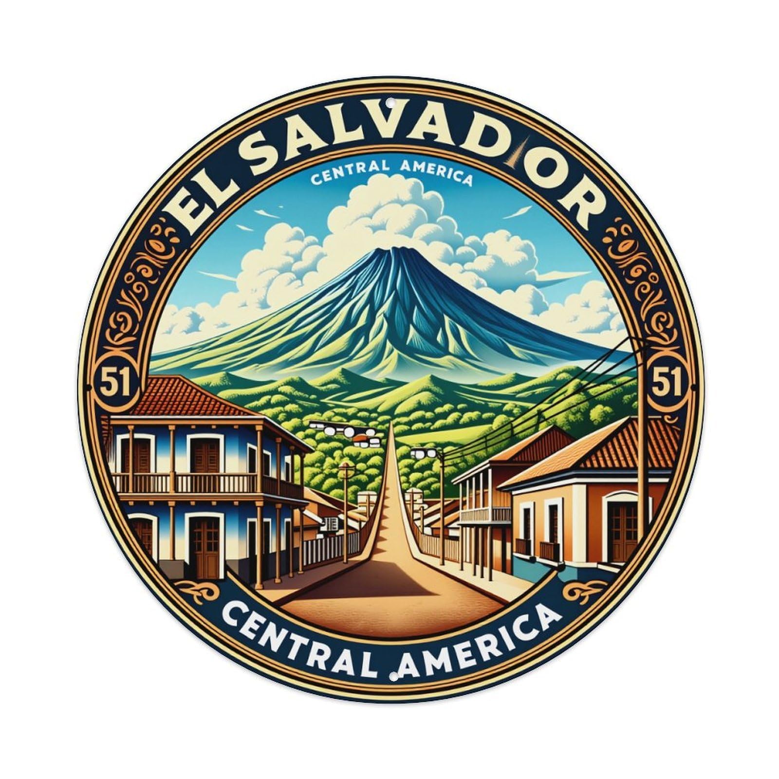 El Salvador Central America Mountain Town Round Tin Sign Vintage Style Metal Sign Home Bar Garden Wall Plaque Decor Metal Poster 8x8 Inch