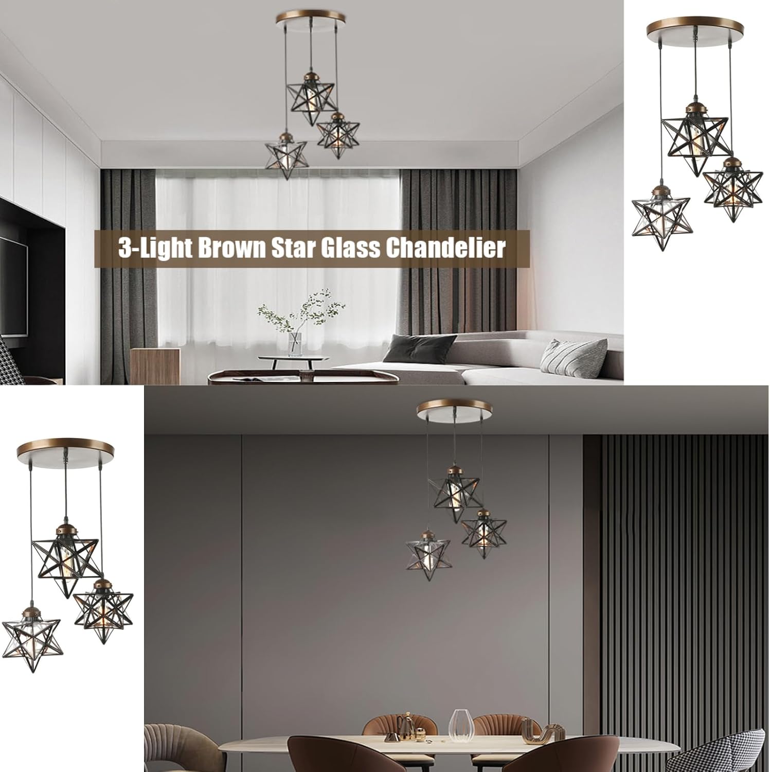 OUKANING 3-Light Moravian Star Glass Lighting Kitchen Chandelier LED Ceiling Pendant Lamp Vintage Glass Star Lights with Chain for Living Room Bar Cafe