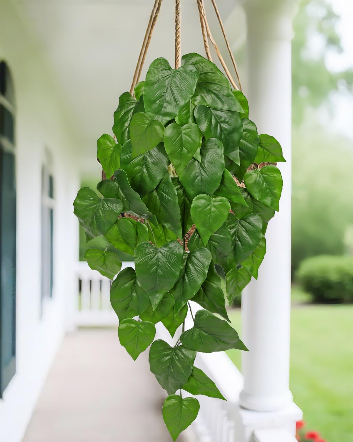 2 Packs UV Resistant Artificial Hanging Plants Outdoors & Indoors, 33" Large Fake Pothos Plants Faux Monstera Hanging Greenery for Planter, Shelf, Wall, Window Box, Porch, Patio, Garden, Balcony Decor