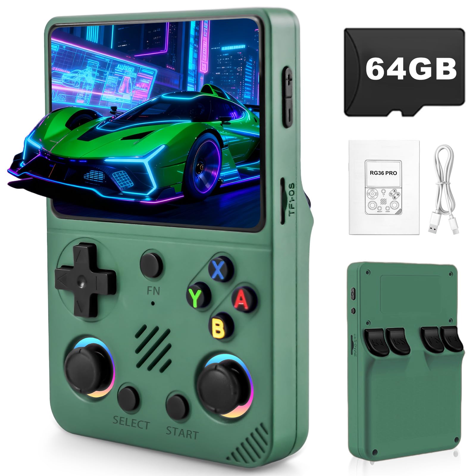Forlarme RG36PRO Retro Video Game Console-Support 30000+ Classic Games,3.5"IPS Screen,Open Source System,64G TF card,3000mAh Battery,Portable Console for Teen or Partner - Gift for Christmas - Green