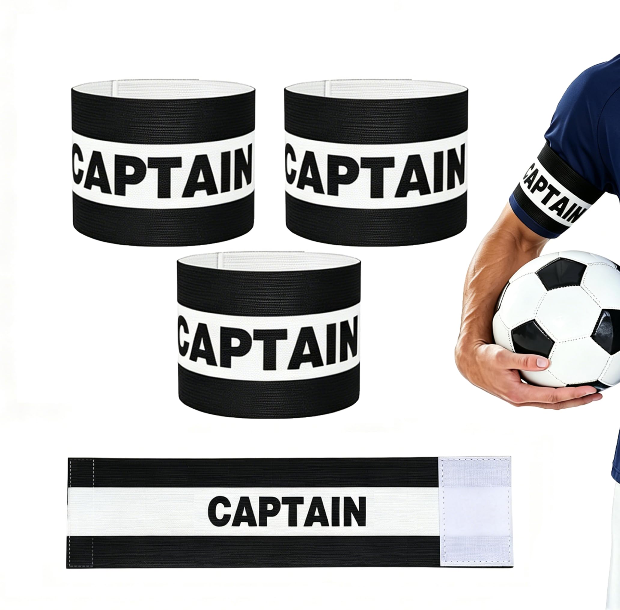 3PCS Captains Armband Football Kids Adult, Adjustable Black Leader Soccer Arm Bands Junior Senior, Breathable Elastic Football Accessories for Boys for Rugby Basketball Hockey Netball