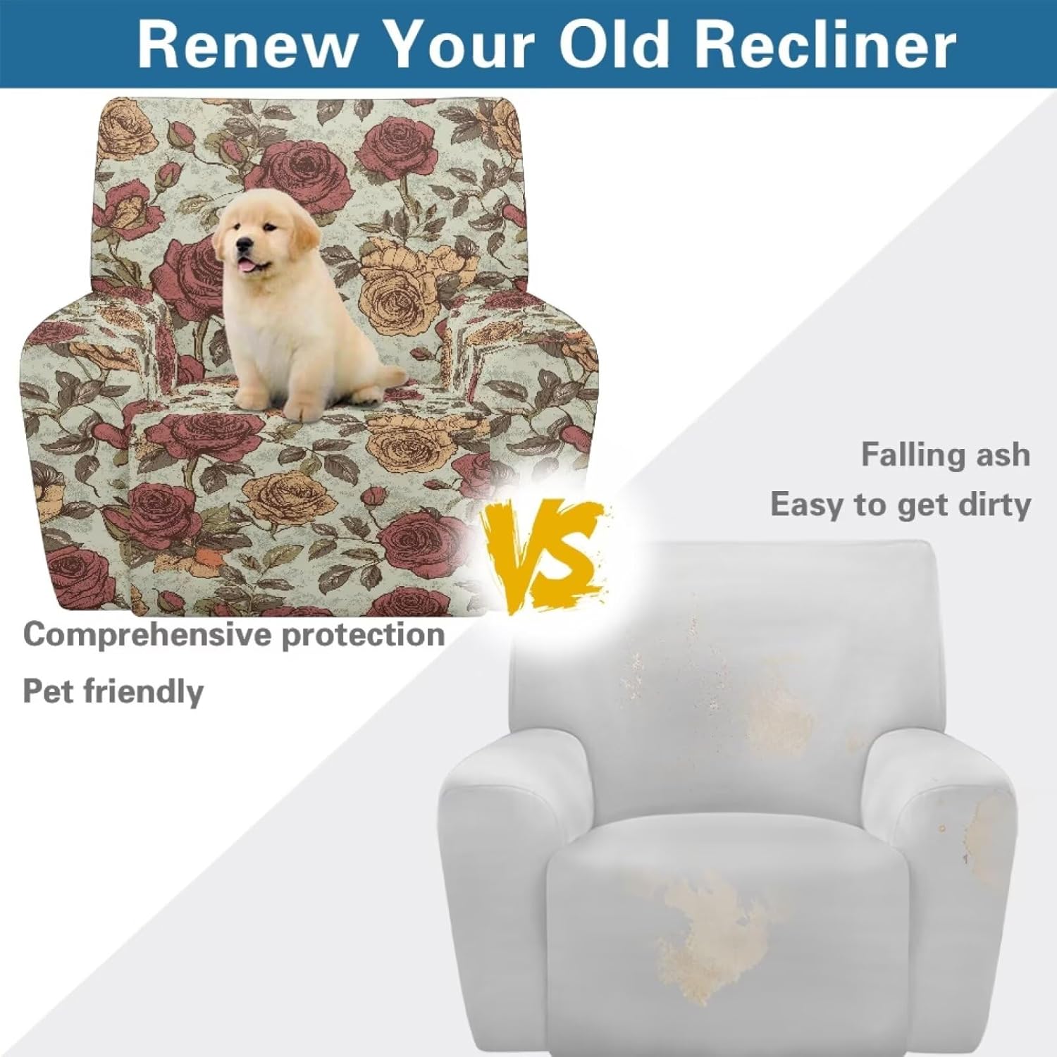 Retro Rose Flower Print Reclining Chair Slipcover Elastic Recliner Cover Fitted Sofa Couch Cover with Pocket Dustproof Furniture Protector for Armchair