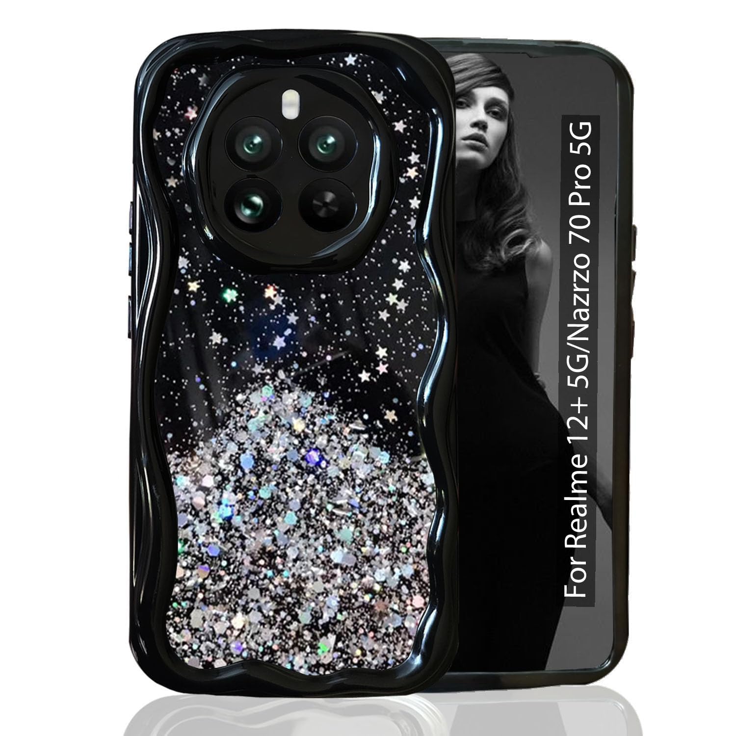 KC Back Cover for Realme 12 Plus 5G, Realme P1 5G, Narzo 70 5G - 3D New Curly Wave Dry Fixed Non Moving Starry Glitter Shockproof Bumper Soft Silicone Case with Camera Protection (Black) (B0D4ZGYBHP) Amazon Price History, Amazon Price Tracker