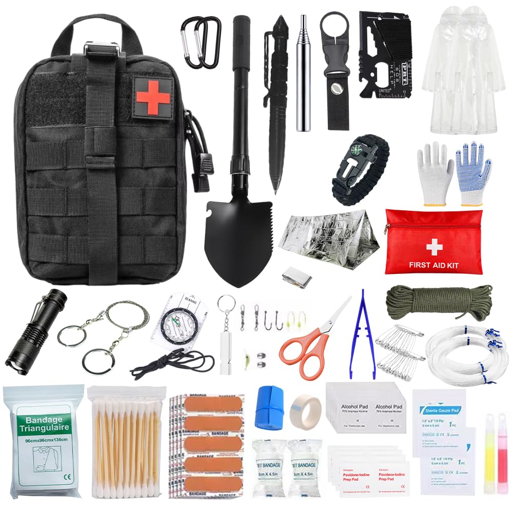 Erste Hilfe Set, Survival Kit mit Überlebenswerkzeug, Notfallrucksack Gefüllt, First Aid Kit, Survival Set Outdoor für Auto, Camping, Rucksackreisen, Wandern, Jagd