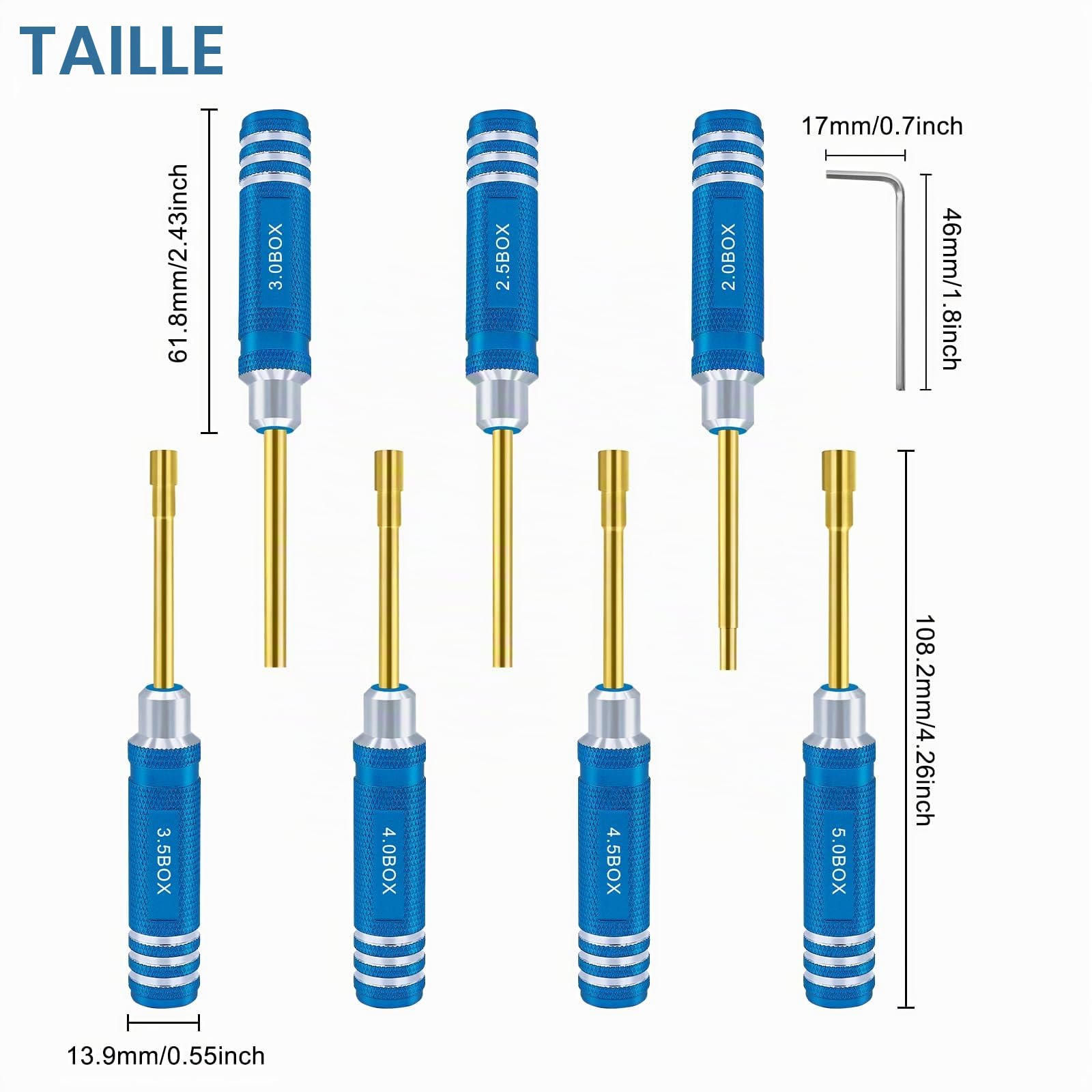 Lot de 7 tournevis hexagonaux 2,0 mm 2,5 mm 3,0 mm 3,5 mm 4,0 mm 4,5 mm 5,0 mm kit d'outils de tournevis pour fixation roue Axial SCX24 pour modèles radiocommandés voitures bateaux hélicoptères bleu